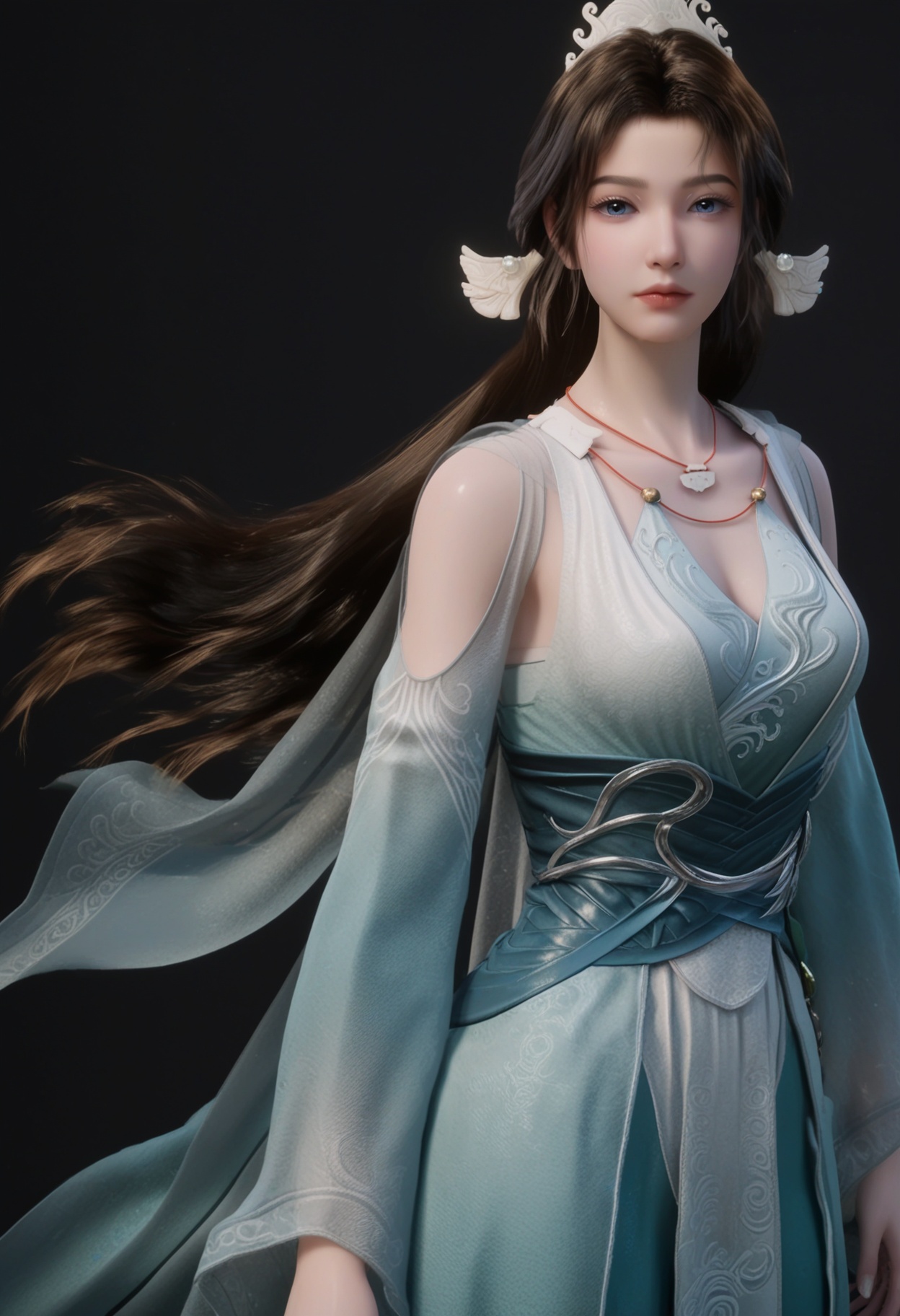 (cowboy shot:1.2),(score_9:1.2),(score_8_up:1.2),(top quality, 8k wallpaper:1.1),(masterpiece:1.1),(best quality:1.2),(intricate details),8k,1girl,facing viewer,(looking at viewer:1.1),<lora:YQ_pony_songyu_V4:0.95:lbw=1,1,1,1,1,1,1,1,1,0.8,0.8,0.1>,q1528437228,1girl,solo,long hair,dress,hair ornament,jewelry,necklace,brown hair,black hair,blue dress,sash,white dress,long sleeves,tiara,blue eyes,green dress,boots,BREAK(score_9:1.2),(score_8_up:1.2),masterpiece,best quality,very aesthetic,perfect anatomy,(hourglass),perfect face,(simple background,pure black background,black background:1.1),fair_skin,(shiny_skin:1.1),Ivory_skin,