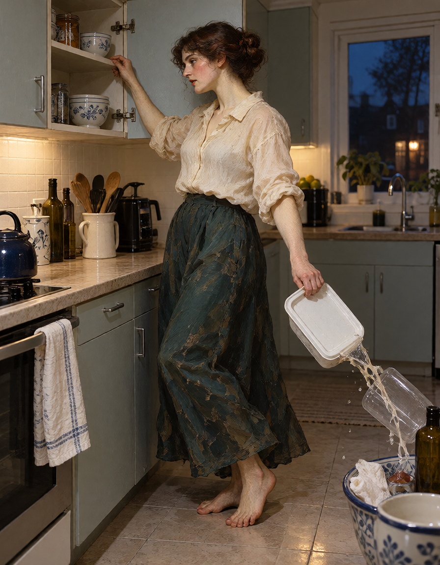 A Pre-Raphaelite woman opening a kitchen cupboard and being attacked by falling plastic containers. on Tensor.Art