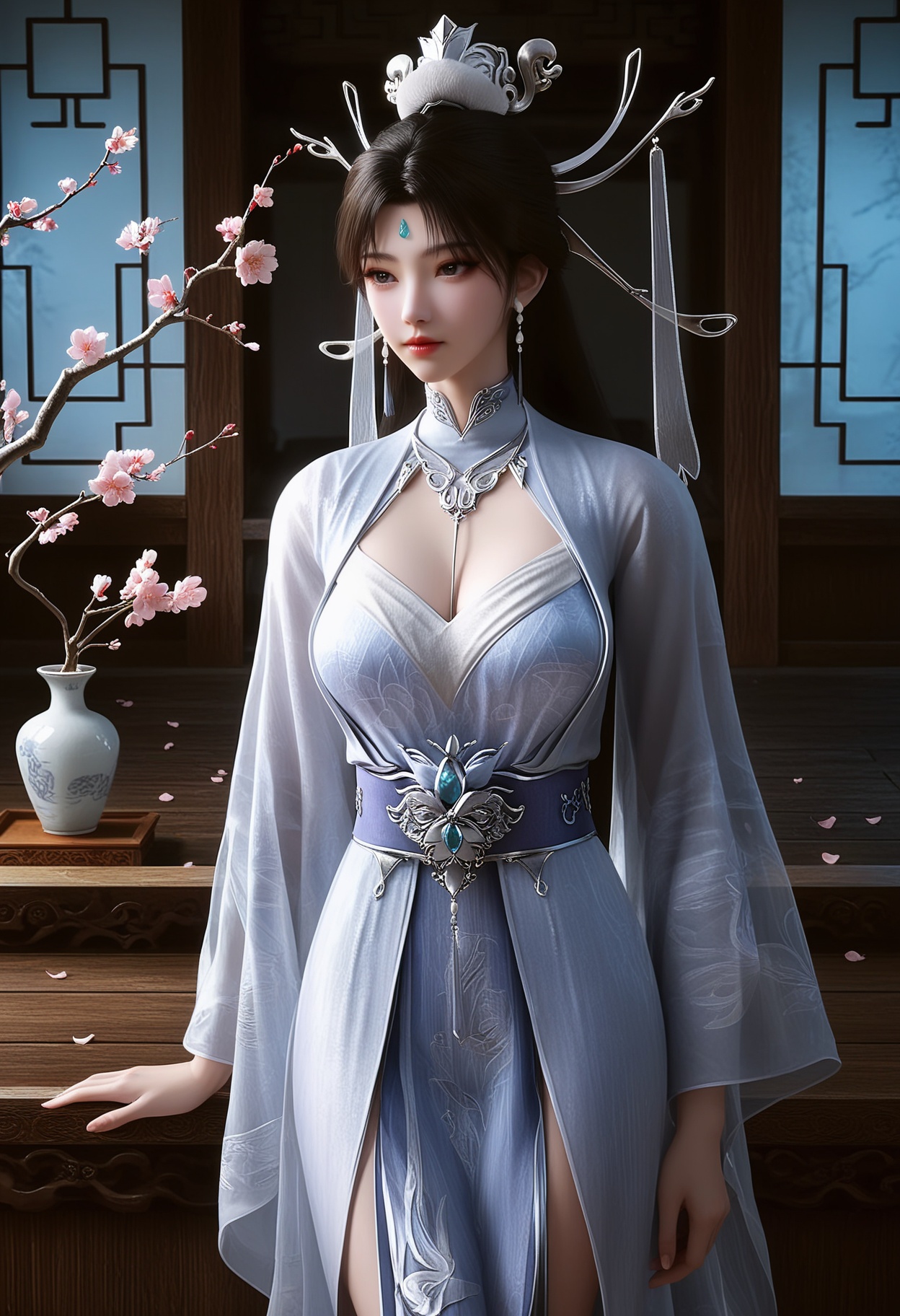 masterpiece,best quality,amazing quality,very aesthetic,high resolution,ultra-detailed,absurdres,scenery,photorealistic,(looking at viewer:1.1),upper body,(Dark room:1.3),(moody lighting:1.1),peach blossom,falling petals,(large breasts:0.8),chuyue,1girl,solo,black eyes,black hair,long hair,earrings,jewelry,dress,white dress,hair ornament,chinese clothes,forehead mark,hair bun,expressionless,closed mouth,long sleeves,shoes BREAK photorealistic details,<lora:QQSillchuyueV1:0.8>,