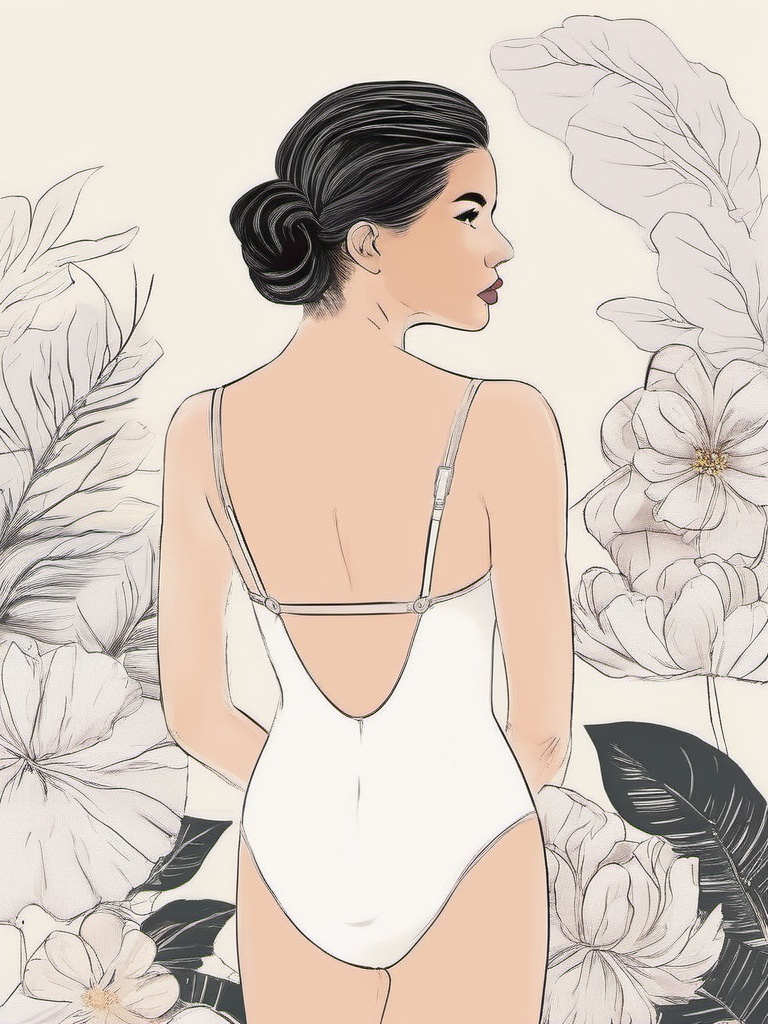 1NK ,  ,  The image are a black and white illustration of a young woman in a swimsuit. She is standing with her back to th...
