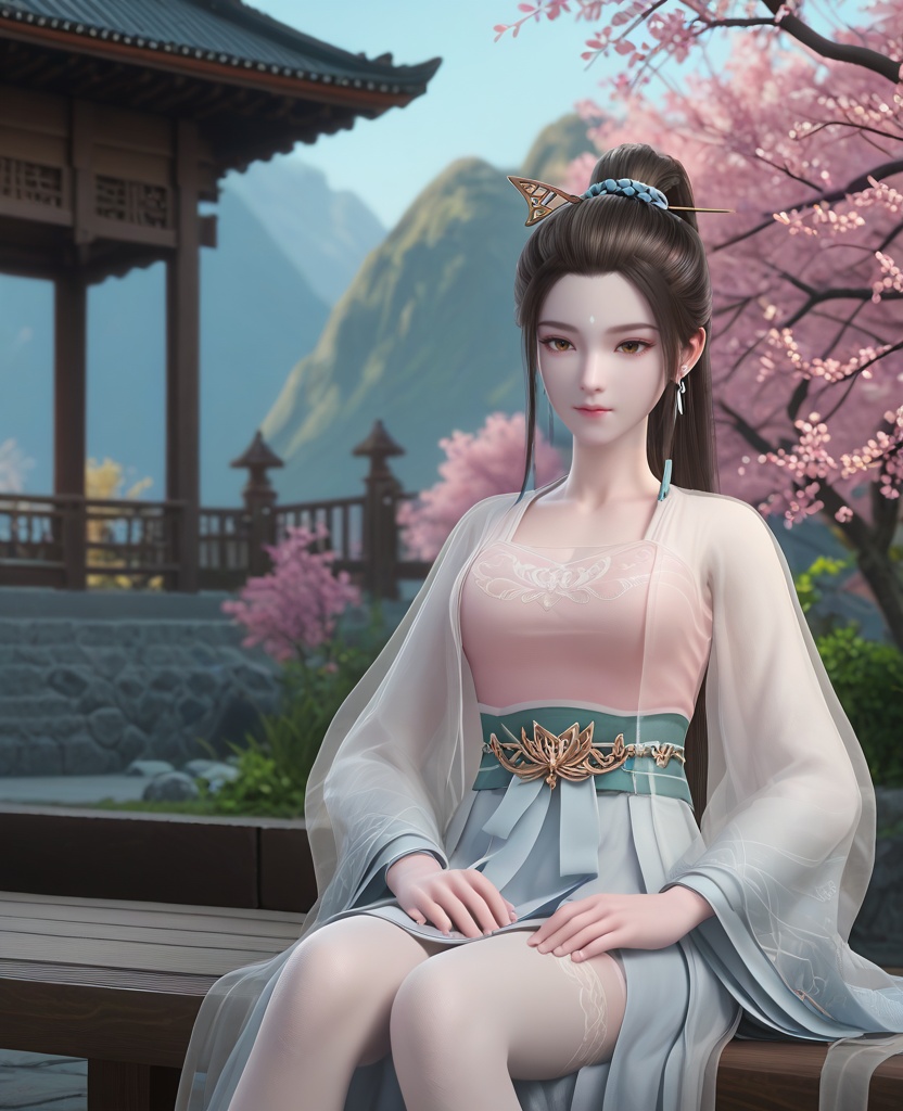 (oriental architecture, elegant decor, sophisticated style:1.1),(Resting on a bench in a busy city, looking tired but content after a long day of exploring,:1.1),(breasts:1.2),<lora:XL16妖神记应月茹:0.95>,miss yingyueru,see-through overdress,pink camisole,brown eyes,forehead mark,black hair,high ponytail,very long hair,hair ornament,sash,light blue maxi skirt with slit,wide sleeves,white thighhighs,, score_9,score_8_up,score_7_up,score_6_up,score_5_up,score_4_up,3d rendering,tag1,tag2, Cinematic Lighting,backlighting,
