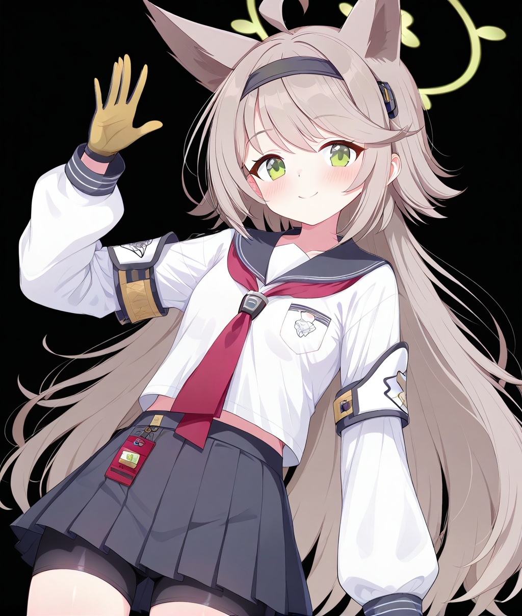 O,ultra detailed anime texture,Otogi(blue archive),Otogi(blue archive),1girl, solo, skirt, animal ears, green eyes, gloves, smile, bike shorts, grey hair, halo, long hair, ahoge, school uniform, pleated skirt, looking at viewer, serafuku, sailor collar, shorts, black background, simple background, hairband, waving, bag, long sleeves, black shorts, wolf ears, red neckerchief, neckerchief, blush, bangs, shirt, black skirt, very long hair, yellow gloves, white shirt, bike shorts under skirt, closed mouth, black sailor collar, cowboy shot,(UHD),accurate,super detail,award winning,high quality,best quality,high details,textured skin,anatomically correct,retina,HD,16k,