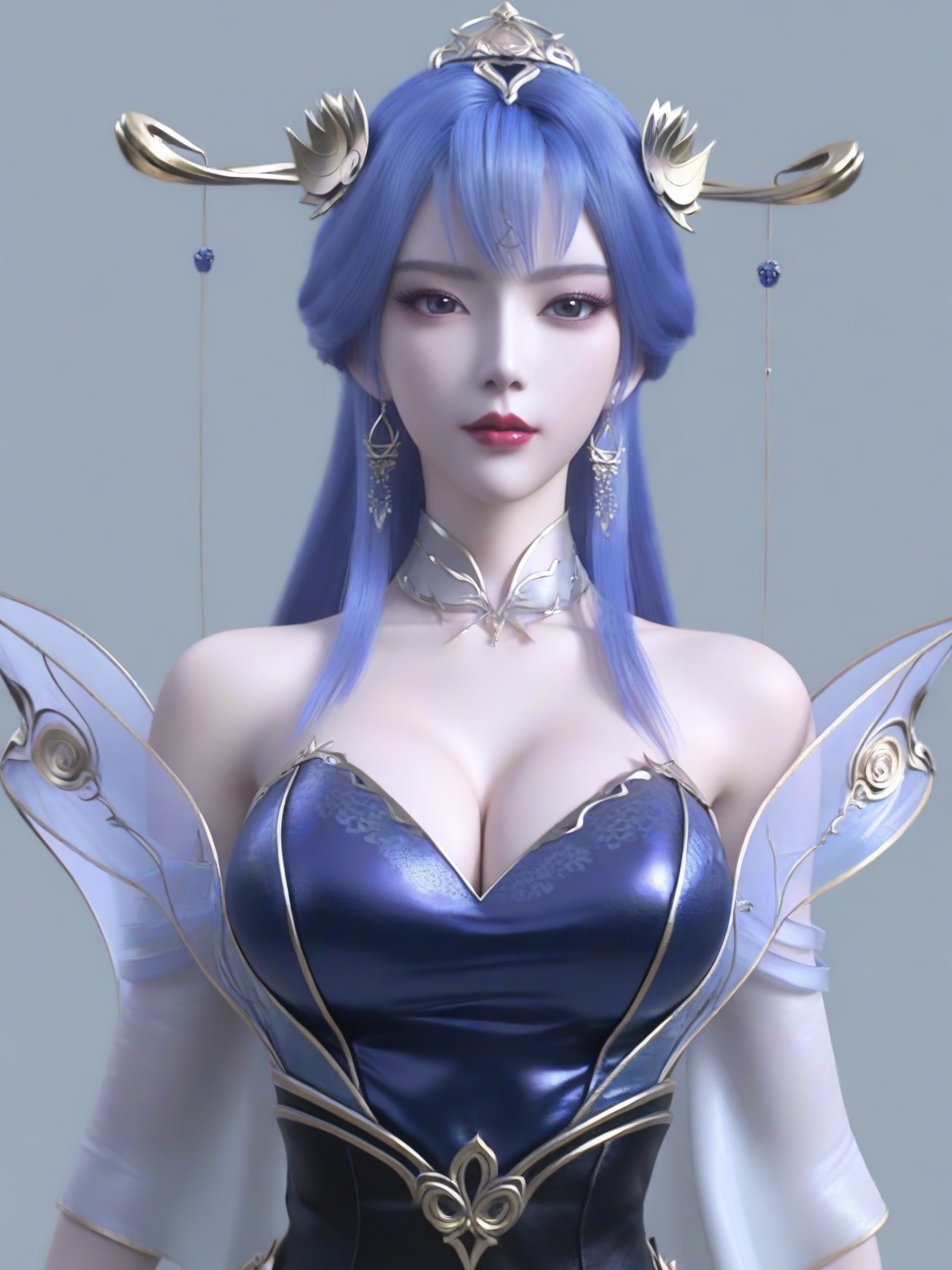 score_9,1girl,solo,dress,long hair,standing,earrings,hair ornament,blue hair, eyelashes, large breasts,bare shoulders,standing,lipstick,upper body,looking at viewer,simple background,<lora:SF_TianQiong_Pony_Realism2.3-000004:0.7>,