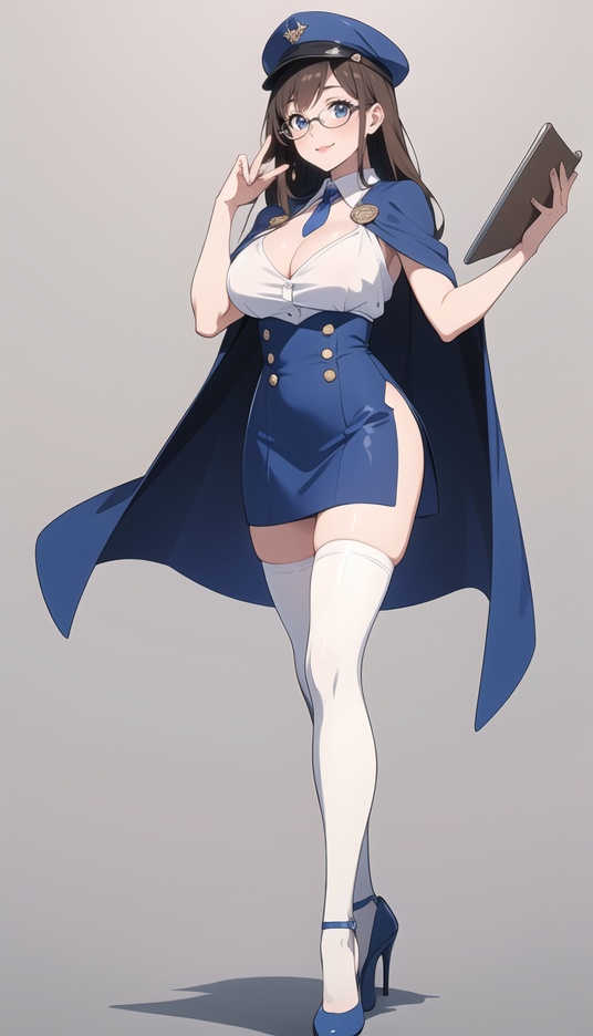 (best quality), ((masterpiece)), (highres), illustration, original, extremely detailed,1girl, breasts, solo, thighhighs, blue eyes, long hair, white thighhighs, skirt, full body, glasses, hat, cleavage, smile, high heels, standing, brown hair, clipboard, holding, blue footwear, white skirt, medium breasts, zettai ryouiki, cape, simple background, copyright name, looking at viewer, large breasts, miniskirt, necktie, standing on one leg, bangs, grey background, gradient, gradient background, side slit, between breasts