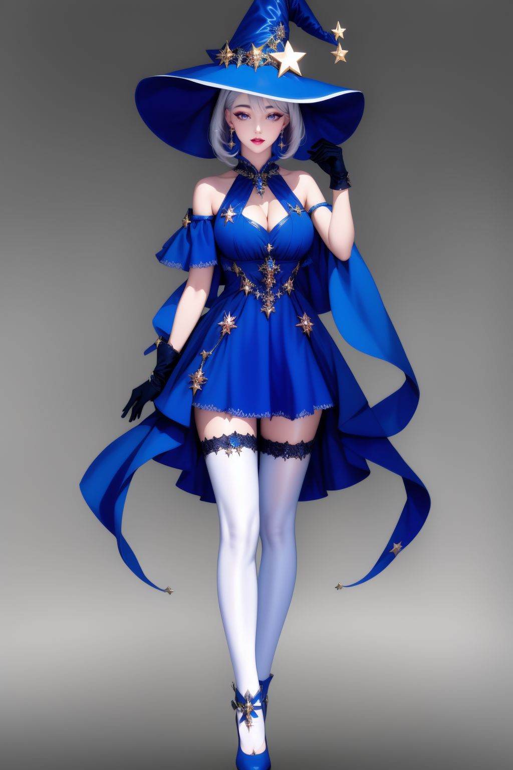 <lora:20250501_AgainGameCharacterLora:1>, 1girl, solo, hat, breasts, thighhighs, gloves, witch hat, dress, blue dress, full body, cleavage, bare shoulders, blue headwear, blue footwear, white thighhighs, standing, gradient background, blue gloves, grey background, looking at viewer, short dress, large breasts, high heels, detached sleeves, clothing cutout, lips, witch, cleavage cutout, hand up, short hair, makeup, grey hair, white hair, shoes, jewelry, blue eyes, red lips, wand, simple background, gem, grey eyes, zettai ryouiki, medium breasts, hat ornament, sleeveless, earrings, pink lips, arm at side, sleeveless dress, closed mouth, parted lips, mole, star \(symbol\), holding, purple eyes, medium hair, lipstick