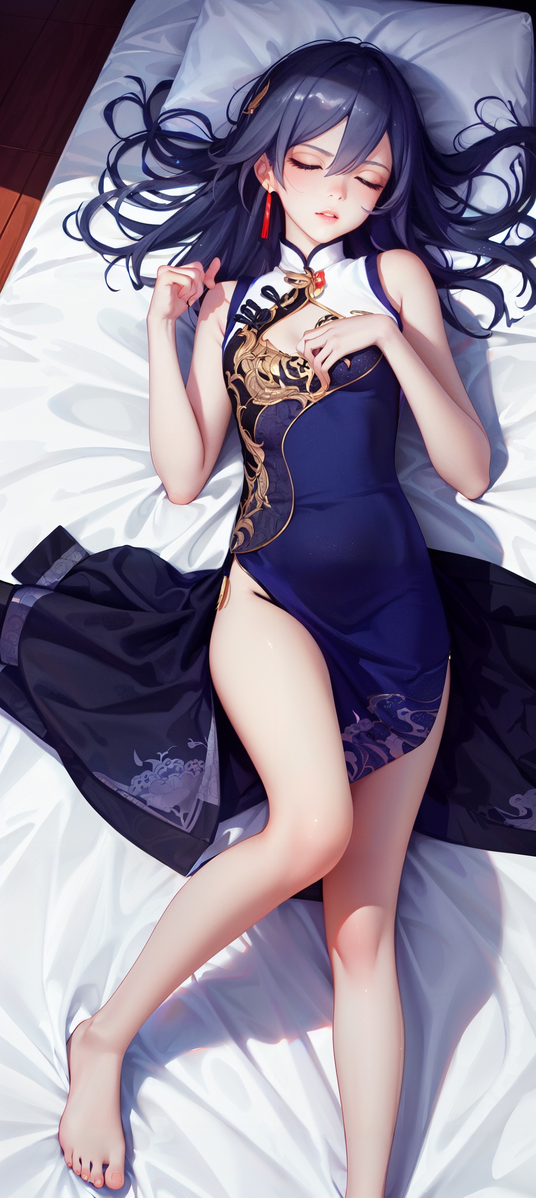 (8k, RAW photo, best quality, masterpiece:1.2),messy room,bed,1girl,sleeping,full body,panties,lay on back,on bed,white bed sheet,[:(1girl,solo,cute,sleeping,holding doll,slim leg,uniform,black panties,bowtie,medium breasts,long hair,hair ornament):0.2],closed eyes,<lora:qingyan-v100-000022:0.8:lbw=OUTALL>,qingyan,1girl,fu hua,chinese clothes,blue eyes,short china dress,lhair ornament,black hair,bangs,bare hands,sleeveless,blue eyes,<lora:nai3lora:0.35>,nai3,<lora:ClothingAdjuster 辅助Clothing +- Adjuster 衣物增减LoRA:0.2>,open clothes,(beautiful_face),((intricate_detail)),(revealing clothes:1.2),clear face,(empty hands),(realistic body),((finely_detailed)),fine_fabric_emphasis,((glossy)),