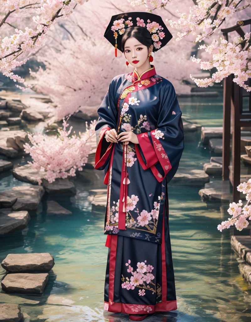 1girl,solo,flower,chinese clothes,jewelry,earrings,holding,hand fan,full body,hair ornament,long sleeves,petals,holding fan,hands cross,black hair,cherry blossoms,standing,hair flower,pink flower,dress,blurry,red lips,wide sleeves,floral print,hanfu,hat,looking at viewer,lips,updo,realistic,outdoors,animal print,day,shadow,<lora:qing dynasty1:0.8>,<lora:手指u:1>,masterpiece,best quality,8k,insane details,intricate details,hyperdetailed,hyper quality,high,