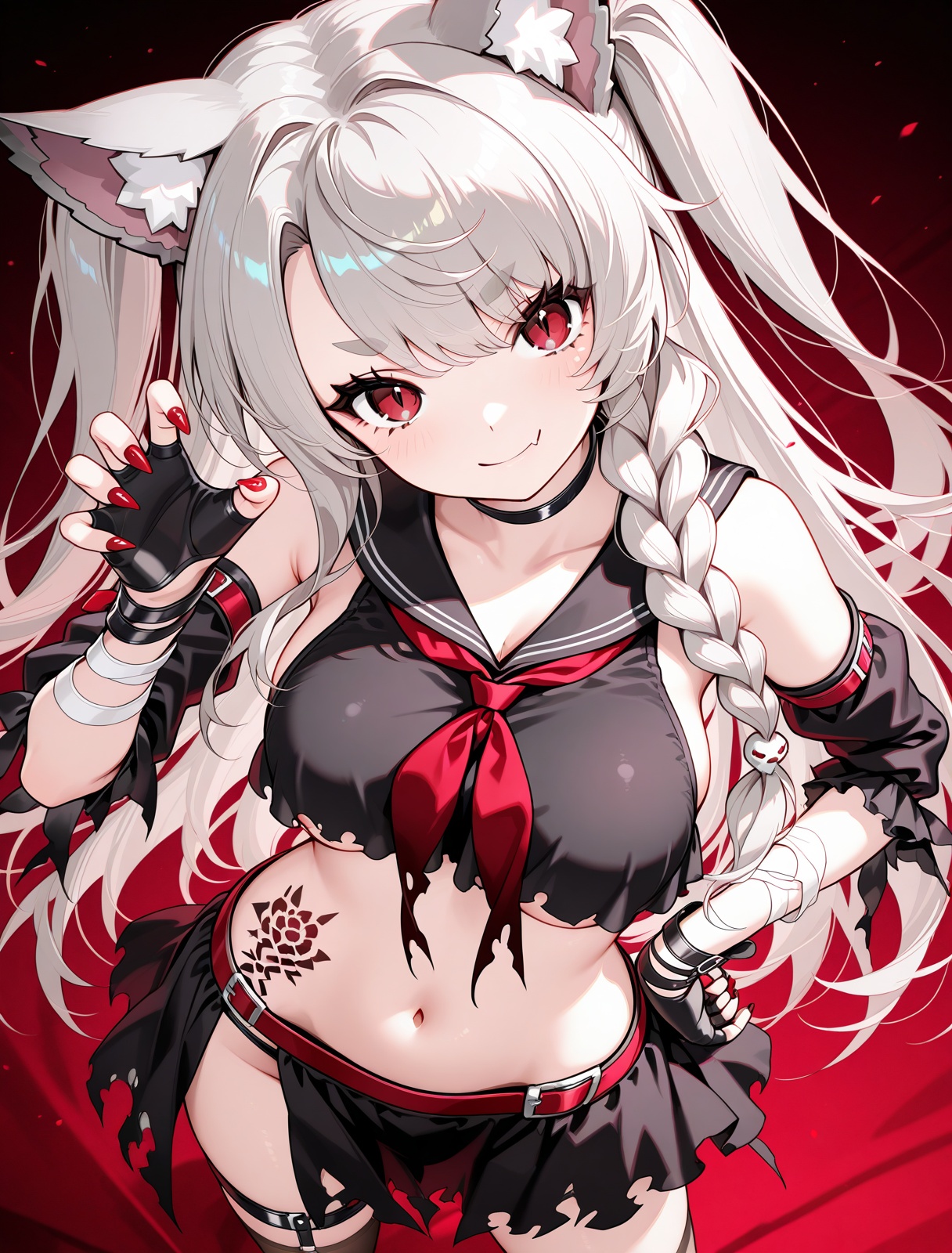 <lora:yuudachi_IL_v1.0:1>,yuudachi \(meta\) \(azur lane\),hand on own hip,smile,claw pose,head tilt,from above,dutch angle,, masterpiece,best quality,