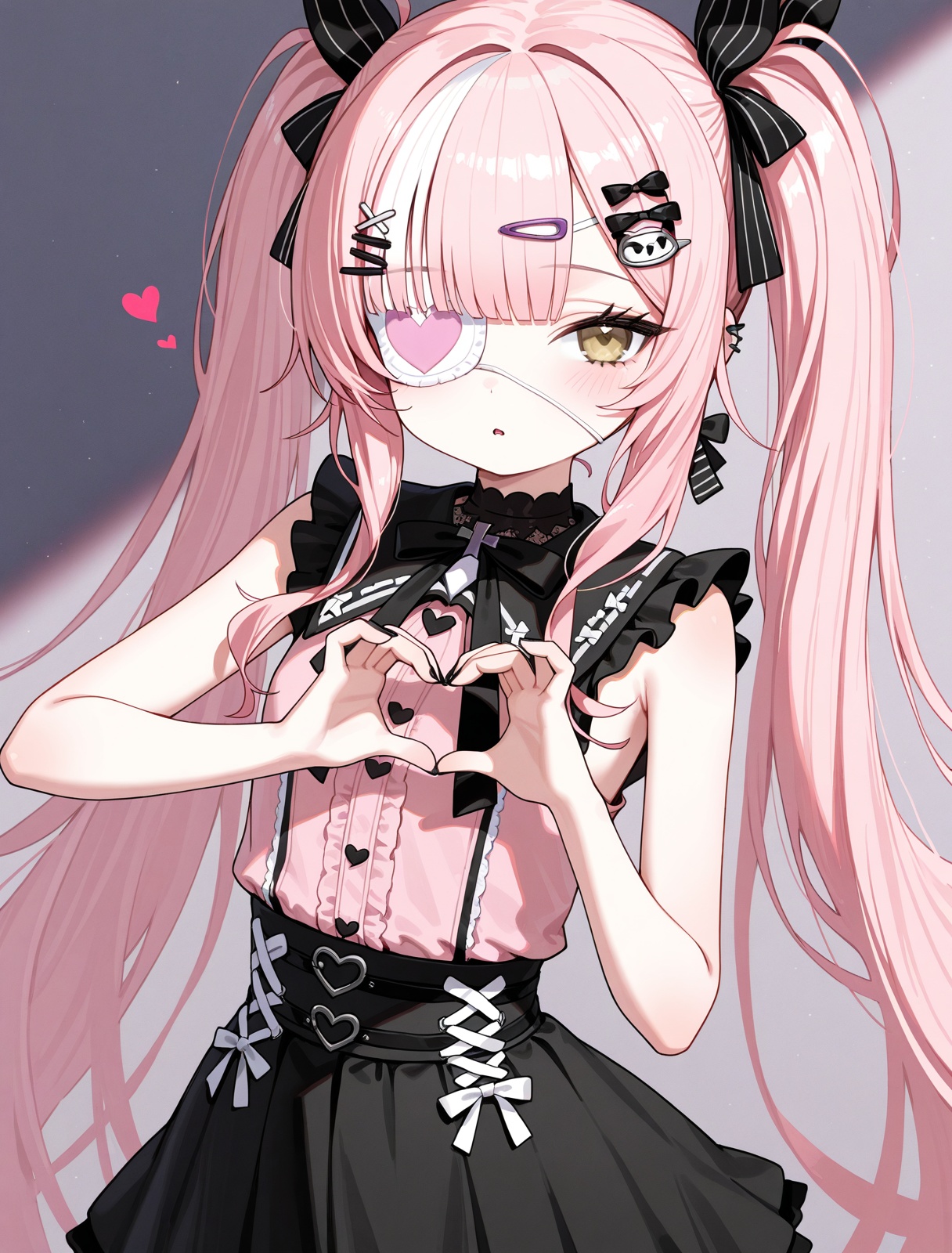 <lora:z47_IL_v1.0:1>,z47 \(azur lane\),eyepatch,solo,heart hands,jirai kei,black nails,black skirt,bare arms,parted lips,, masterpiece,best quality,