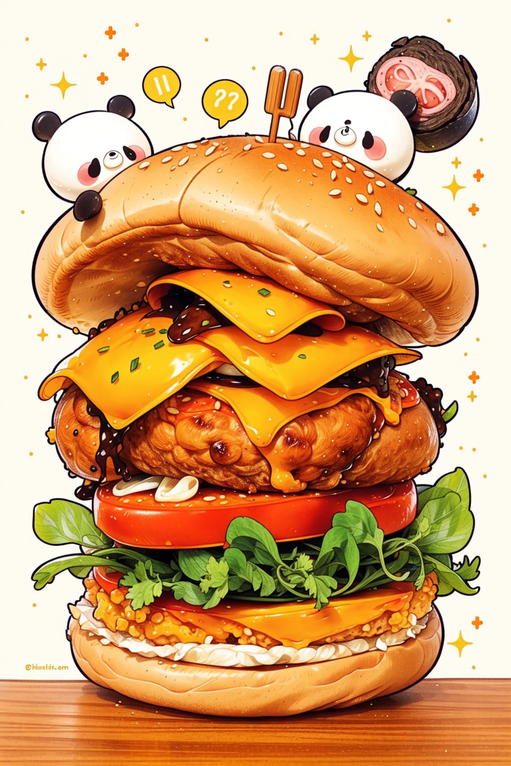 shouzhang_style,food,no humans,food focus,panda,simple background,sparkle,vegetable,white background,still life,meat,bread,cheese,onion,octopus,tomato,lettuce,speech bubble,burger,sandwich,<lora:shouzhang_v1.0:1.4>,, masterpiece,best quality,
