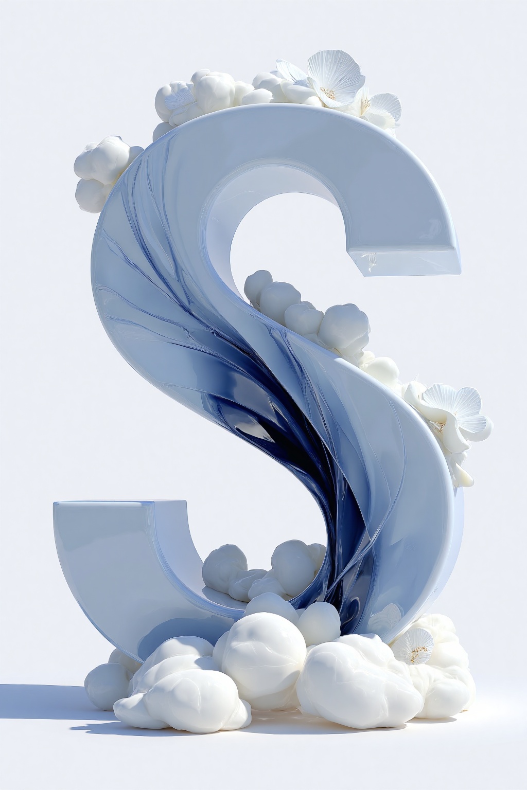 beijihui,a 3D rendering of a large, curved, blue-gray letter "S" is prominently displayed against a stark white backdrop. The letter is encircled by a cluster of white flowers, adding a touch of contrast to the composition. The background is a stark, crisp white, creating a stark contrast with the blue of the letter and the white flowers.