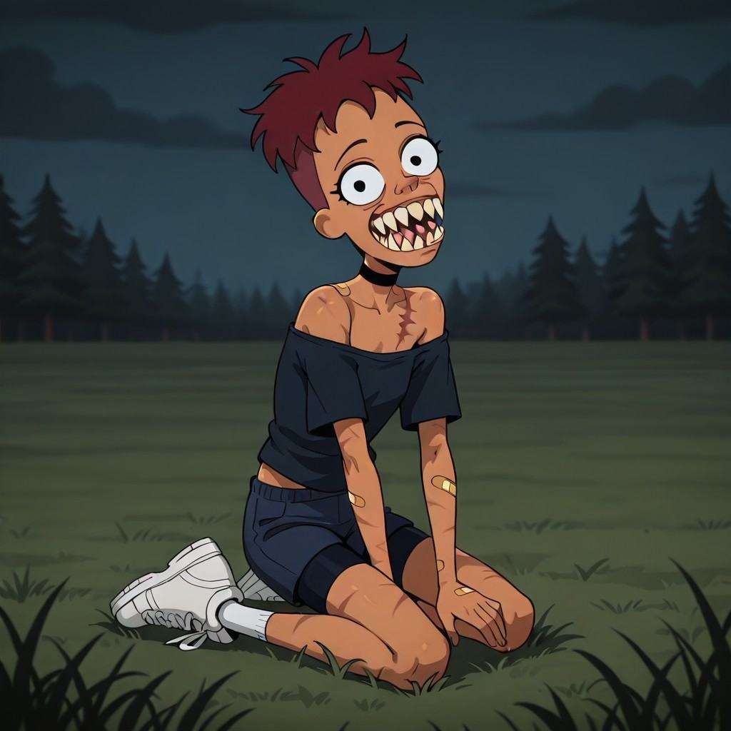 Rick and morty styleFang smiles as she kneels on the grass in a beautiful field at dawn,  her back arched and flushed. Fac...