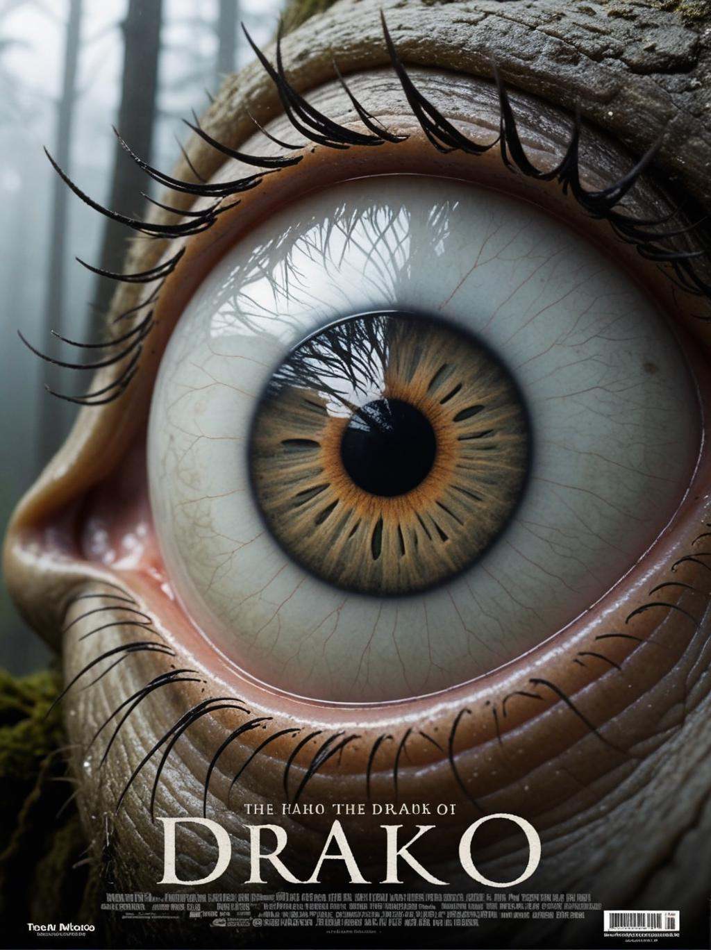 (movie poster with title and text graphics:1.3) (under the title banner text logo "D\R\A\K\O":1.5), [Very close view of scull::0.45][scull:female demon with big cloudy white glass eyes:portrait, old dry skin, (dark forest in background :1.1), (mystical fog creeps:1.2), atmosphere, horror, fear, thicket, driftwood, moss, dampness, (thorn, cataract:1.5), (big cloudy white glass eyes:1.5), defocus : 0.2] hi detailed, realistic, best quality
