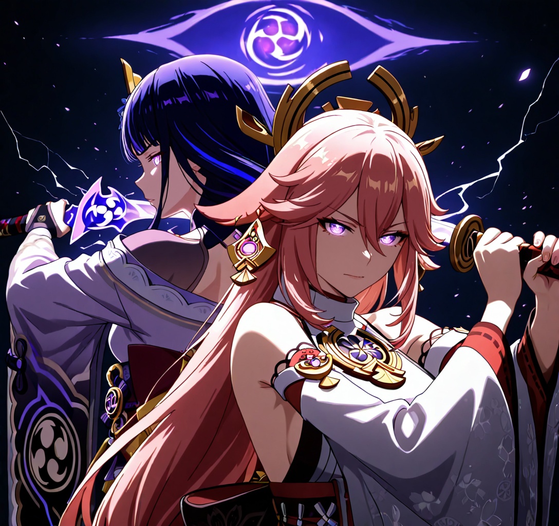 2girls,  glowing eyes,  raiden shogun on Tensor.Art