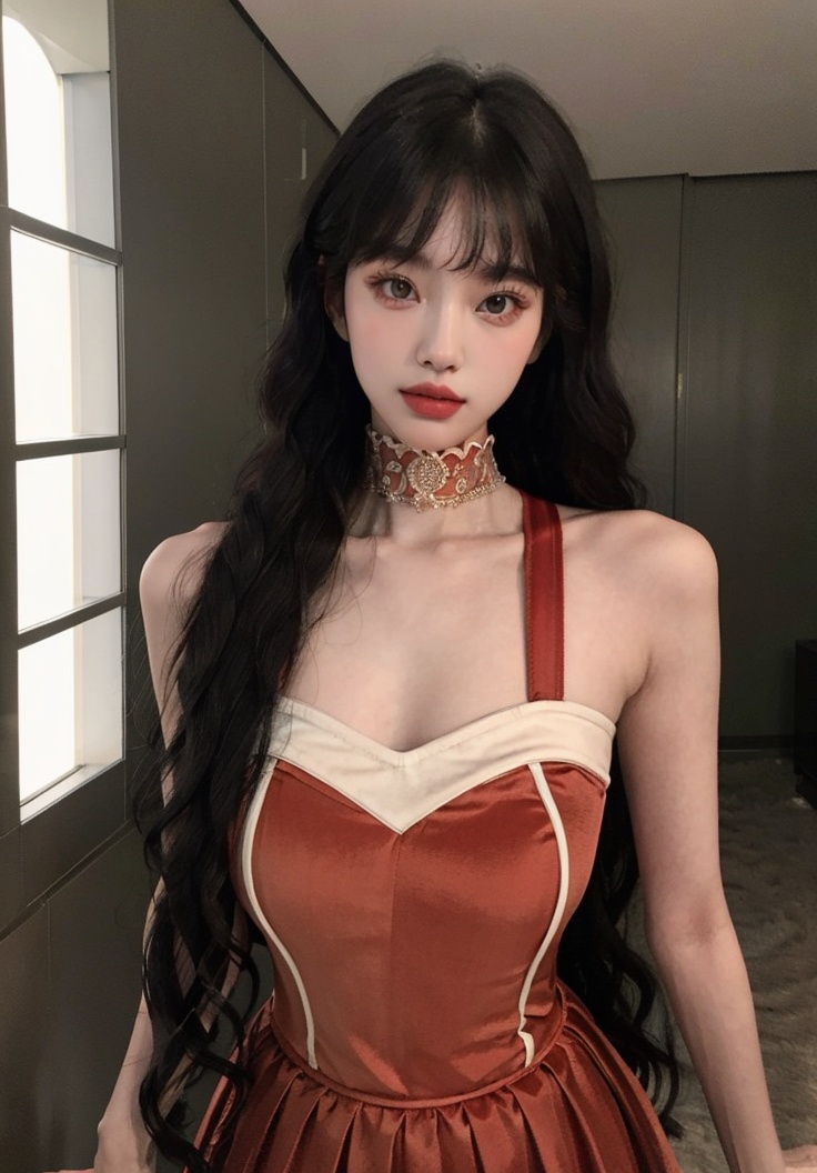 (masterpiece, best quality:1.4),finely detailed,1girl,solo,pale skin,perfect body,standing,<lora:性感棕色圣诞连衣裙-000008:0.8>,bare shoulders,dress,brown dress,
