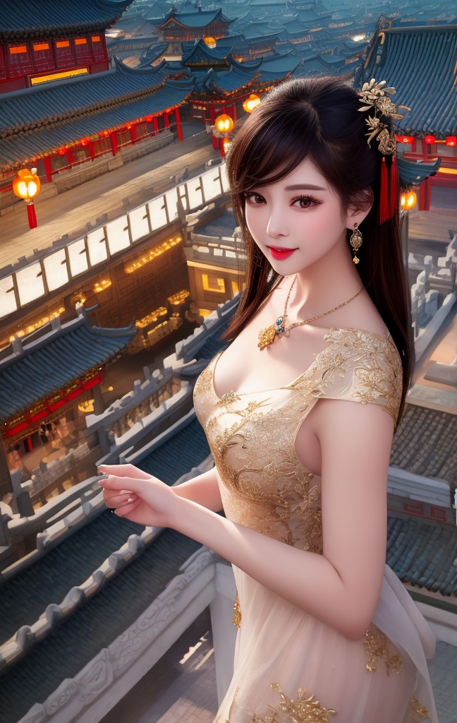 best quality, masterpiece, highres, 1girl,china dress,Beautiful face,hair ornament, solo,looking at viewer,smile,closed mouth,lips,china dress,dress,hair ornament, necklace, jewelry, long hair, earrings, chinese clothes,architecture,east asian architecture,building,outdoors,rooftop,city,cityscape <lora:GuoFeng3.2_Lora_light:1.5>