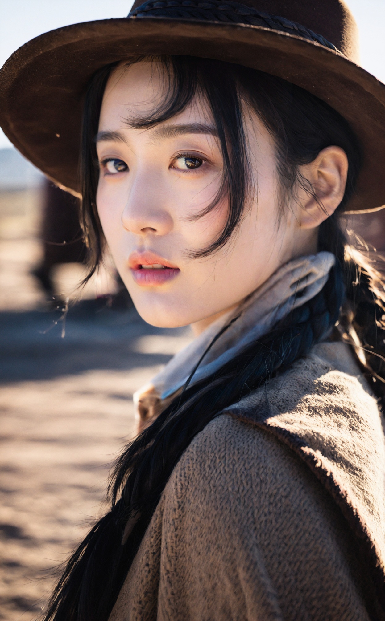 Classic western gunslinger, captured with cinematic excellence, standing in the dust of a deserted town, detailed face reflecting the hardships of a rugged life in the Old West.korean girl,black hair,mugglelight,