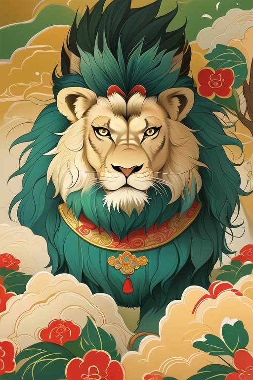 (masterpiece, top quality, best quality, official art, (beautiful and aesthetic:1.2),cartoon painting,rich picture details,a chinese lion,masterpiece,best quality