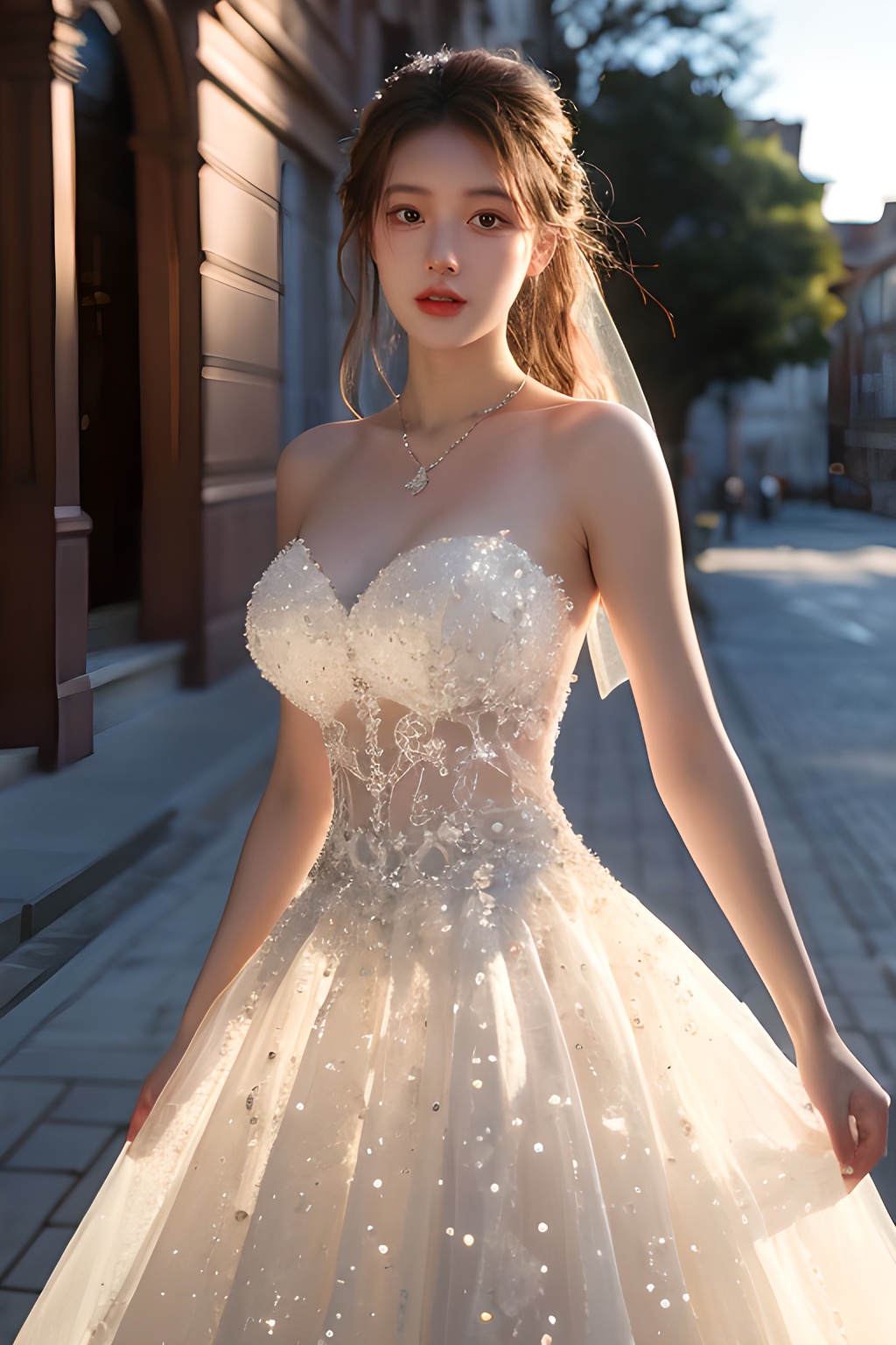 (masterpiece:1.3),(best quality:1.3),(photorealistic:1.4),see-through,midriff,pantyhose,(large breasts:1.2),yaosi,(street:1.4),(ultra detailed:1.3),unity 8k wallpaper,realistic,1girl,beautiful,smile,Big eyes more details,hair in the back of the head,a pearl necklace around the neck,(wedding dress:1.4),bright color,standing on the lawn,blue sky,floret,white clouds,soft light,early summer at seven in the morning,Jewelry,necklace,(8k, RAW photo, best quality, masterpiece:1.2),(realistic, photo-realistic),professional lighting,photon mapping,radiosity,Extreme Light and Shadow,  <lora:YG梦中婚纱6:0.75>,