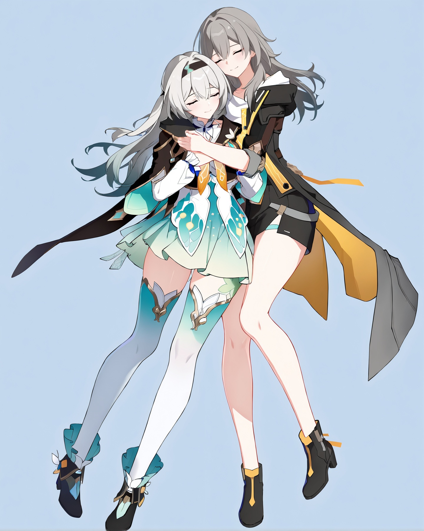 (8k:0.9), best quality, masterpiece, (ultra-detailed:1.2), (high detailed skin), full body, <lora:LKtrainre-A3-Tanger-000010:0.7>, Firefly /(honkai: star rail/), Firefly's def clothes, stelle/(honkai: star rail/), stelle's def clothes, two anime characters  hugging together, closed eyes, simple background, 