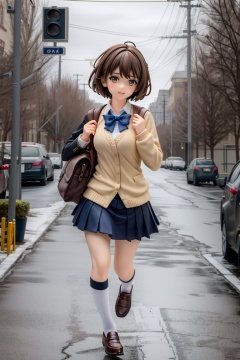 ((HRD, HUD, 8K)),((masterpiece, best quality)), highly detailed,1girl, solo, short hair, brown eyes, school uniform, school bag, school, running, looking at viewer,