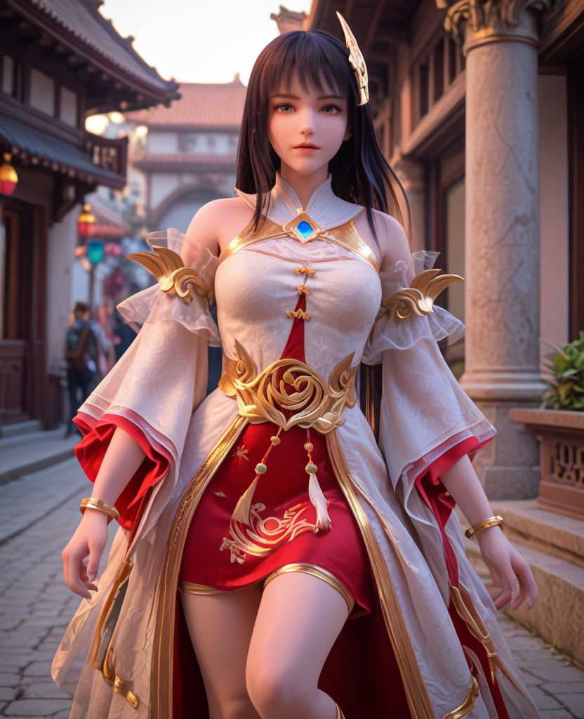 (oriental architecture, elegant decor, sophisticated style:1.1),parkour vault,(breasts:1.2),<lora:XL完美世界灵凤:0.95>,miss lingfeng,solo,white dress,sash,red underskirt,detached sleeves,green eyes,mole under left eye,black hair,bangs,long hair,hair ornament,bare shoulders,wide sleeves,gem,jewelry,bracelet,barefoot,anklet,, zPDXL2, score_9, score_8_up, score_7_up BREAK realistic, masterpiece,best quality, highly detailed,, zPDXL3, zPDXL2,zPDXL, zPDXLxxx, zPDXLrl,