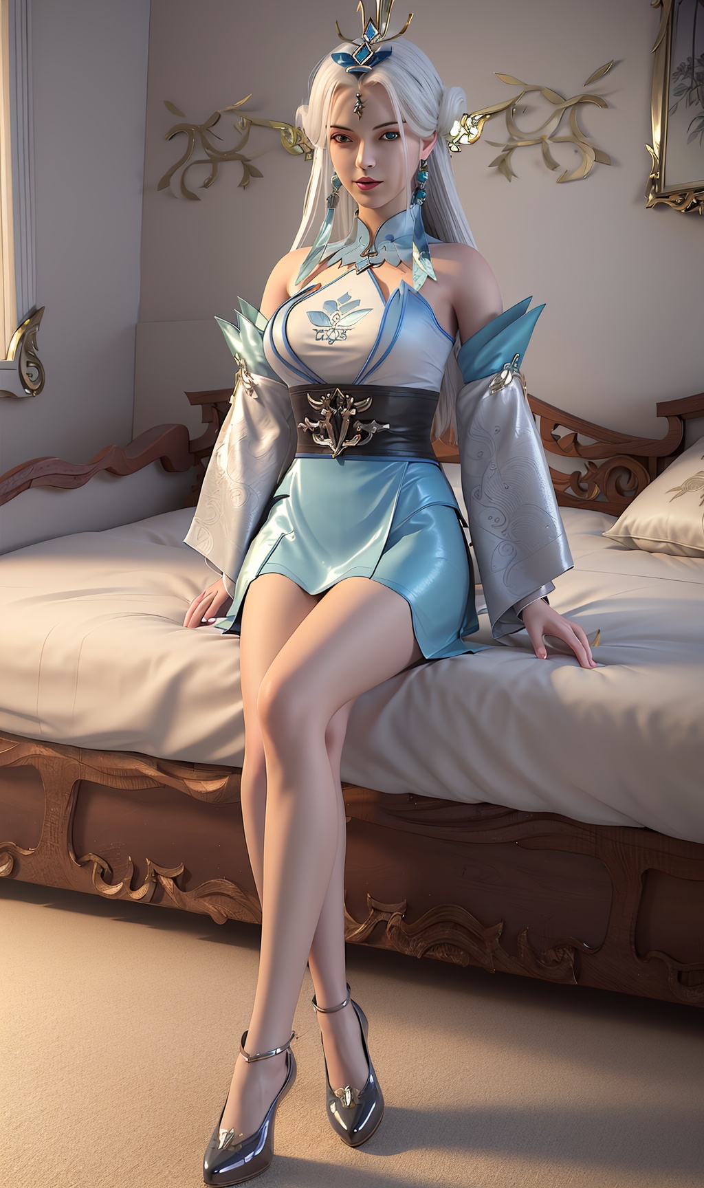 masterpiece,(best quality),3d,official art, extremely detailed cg 8k wallpaper,((crystalstexture skin)), (extremely delicate and beautiful),highly detailed,1girl,solo,long hair,headwear,(sitting),(white_hair),((dress,skirt)),, (chinese_clothes),((full_body,whole_body)),(closed_mouth), (medium breasts),((hair_ornament)),(sunshine, indoor,(bed)),((looking_at_viewer)),((Facing the camera)),(thigh),(shoes),, <lora:hipoly3DModelLora_v10:0.3>