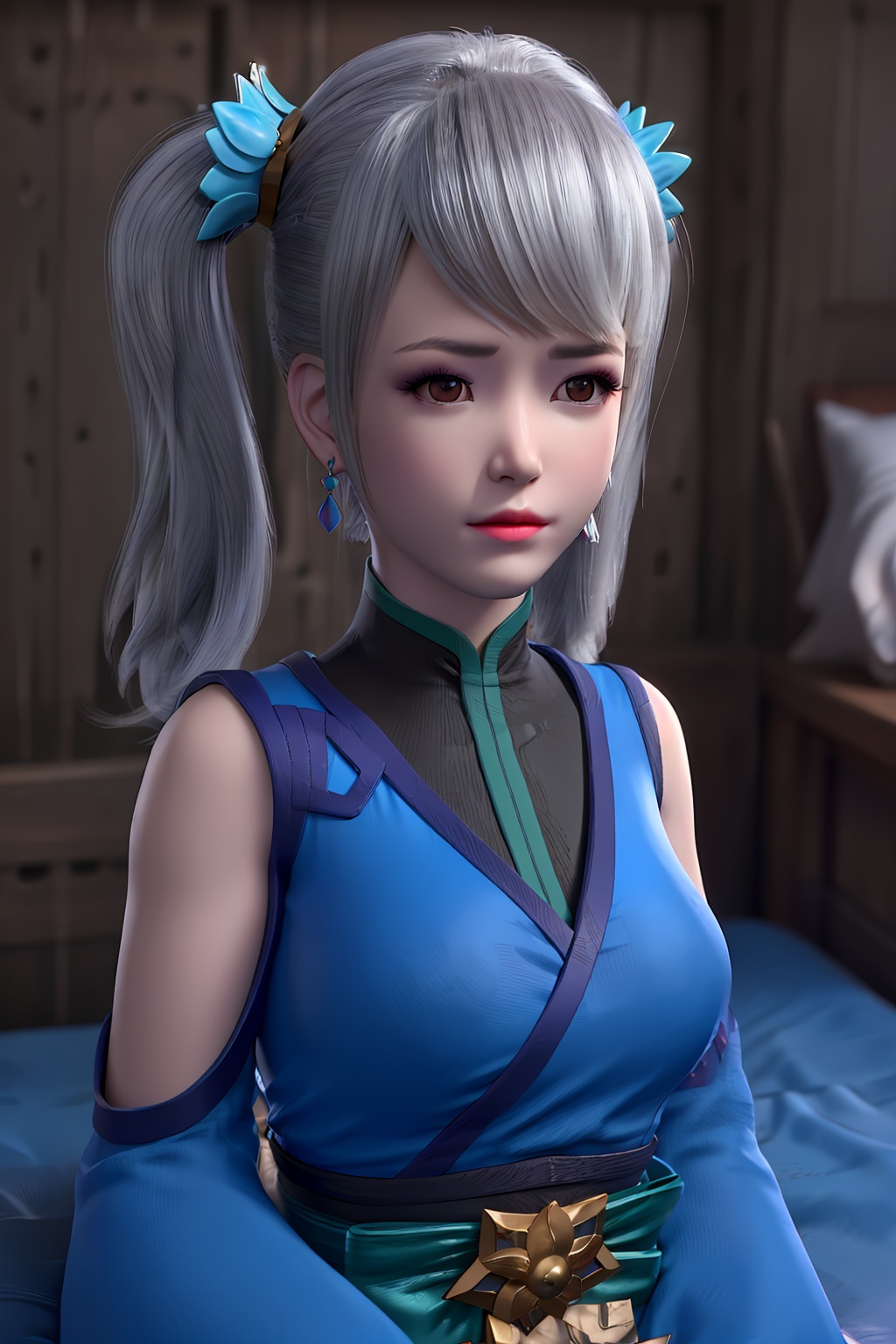 3D,masterpiece,(best quality),(makeup),official art, extremely detailed cg 8k wallpaper,((crystalstexture skin)), (extremely delicate and beautiful),(highly detailed),(face),(double_ponytail),(collar),(1girl), (solo), (jewelry), (earrings),(white_hair),(long_hair),(hair_ornament),(handwear),(sleeve),(breast),((upper_body)),(dress),(chinese_clothes),(multicolored_clothes),(multicolored_dress),,(shiny_clothes),(closed_mouth),(room,bed),((looking_at_viewer)),((Facing the camera)),, <lora:hipoly3DModelLora_v10:0.3>