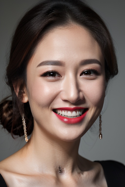 PHOTOREALISTIC REALISTIC,masterpiece,best quality,highres,ultra detailed,8k,1woman,portrait, smile, teeth,lipstick, makeup,strobe lighting,<lora:chenqiaoen_alexnsfw4.14:0.6>