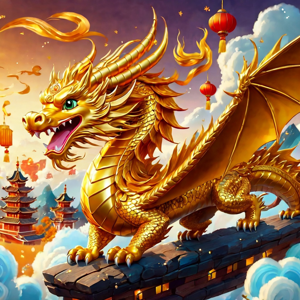 a golden dragon flying on the sky,poakl cartoon newyear style,best quality,masterpiece,<lora:poaklSDXLcartoonnewyearV2-000007:0.6>,