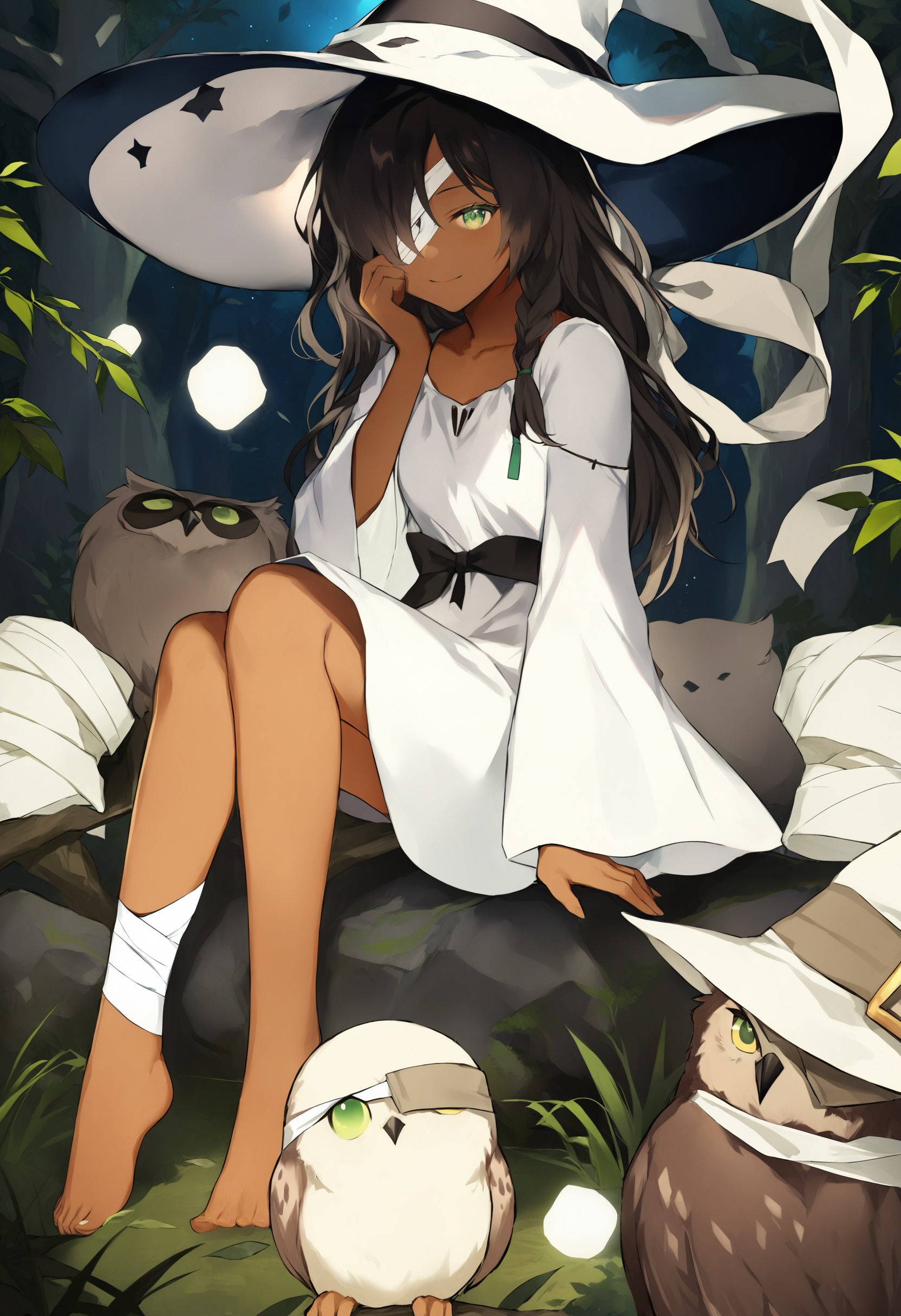 best quality, masterpiece,owl, 1girl, dark skin, bird, black hair, braid, looking at viewer, smile, dress, green eyes, sitting, dark-skinned female, hat, glowing, white dress, long hair, hair over one eye, long sleeves, animal, nature, barefoot, solo, bandages, wide sleeves, closed mouth, white headwear, witch hat, single braid, one eye covered, bandage over one eye, too many ,_背景<lora:lpmyaXLlokr4f-000143:1>