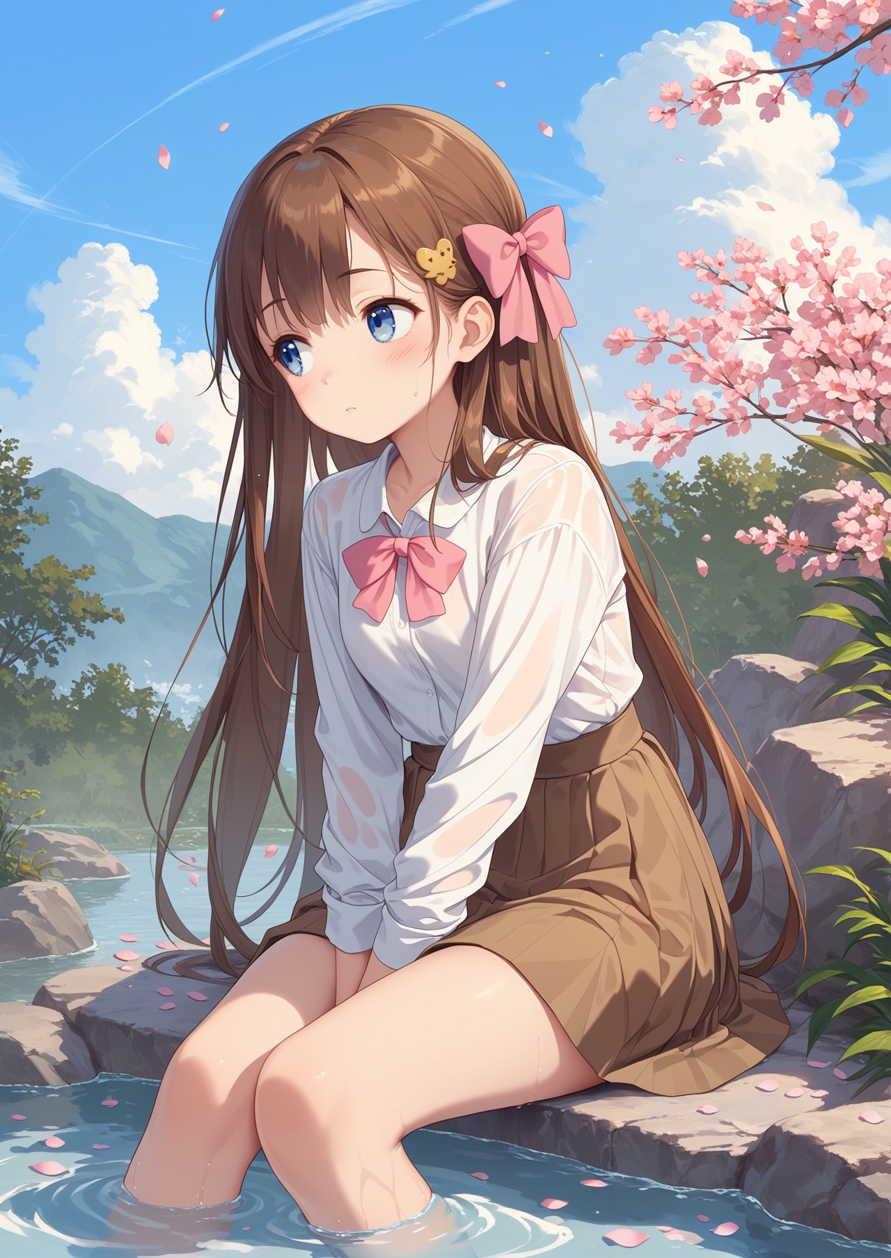 score_10,score_9,score_8_up,score_7_up,1girl,solo,soaking feet,long hair,blue eyes,hair bow,bow,sitting,water,pink bow,brown hair,skirt,blush,petals,day,sky,brown skirt,shirt,hair ornament,very long hair,cloud,looking to the side,outdoors,blue sky,white shirt,:o,