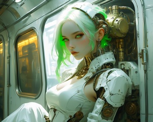 Steampunk style futuristic female figure with bright green hair, avant-garde white outfit with mechanical accents, robotic pet companion, cybernetic fashion, vivid contrast, subway platform environment, high-speed train blurring in the background, edgy and modern aesthetic, sci-fi inspired, vibrant persona, best quality, ultra highres, original, extremely detailed, perfect lighting . Antique, mechanical, brass and copper tones, gears, intricate, detailed