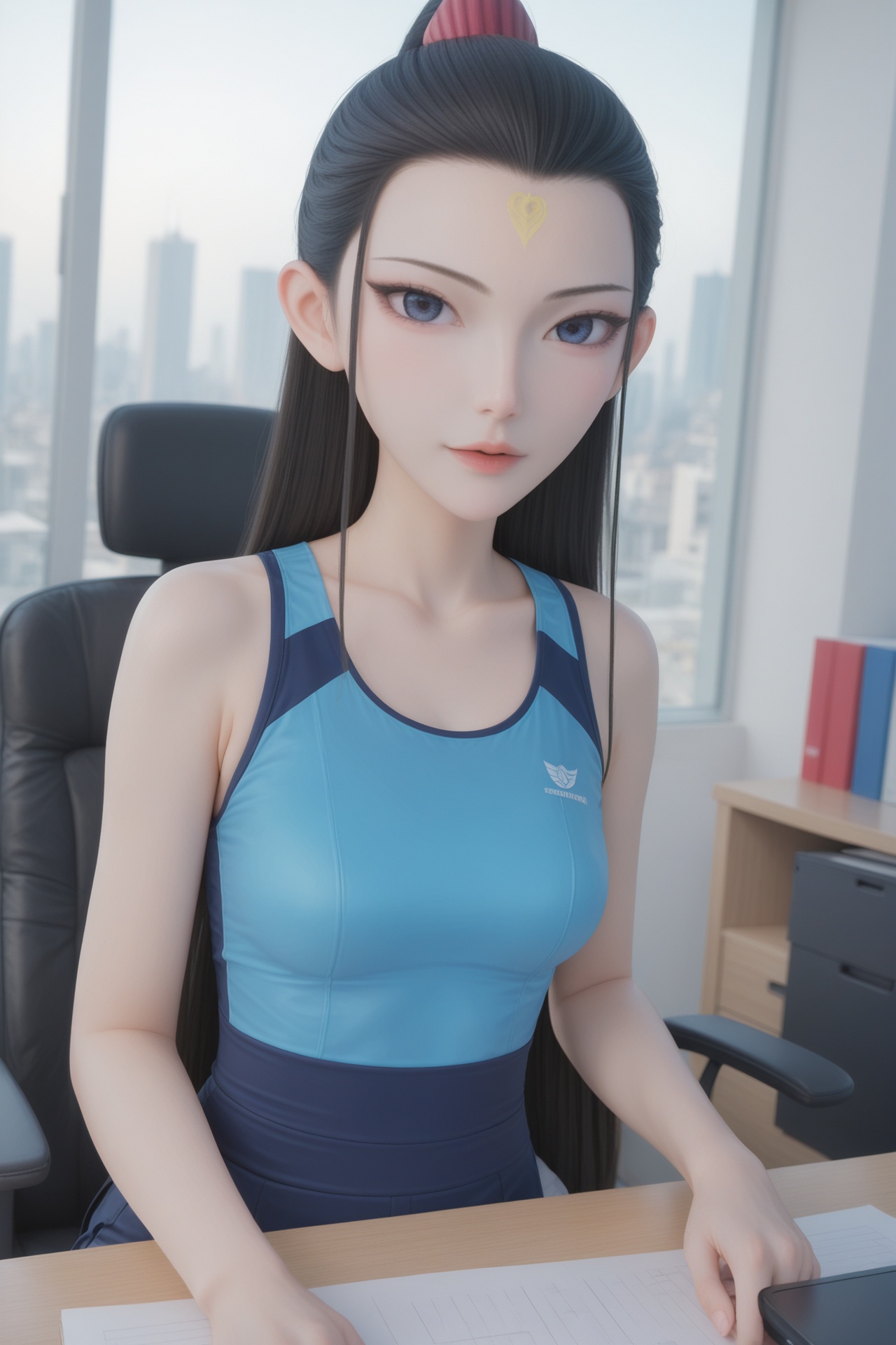 hetong,<lora:hetongXL:0.7>,score_9,score_8_up,source_anime,score_7_up,highly detailed,ultra-high resolution,32K UHD,sharp focus,best-quality,masterpiece,unconventional supreme masterpiece,masterful details,temperate atmosphere,with a high-end texture,in the style of fashion photography,Dynamic Angle,(Dynamic posture:1.1),1girl,medium breasts,long hair,looking at viewer,pale skin,sportswear,forehead mark,office,