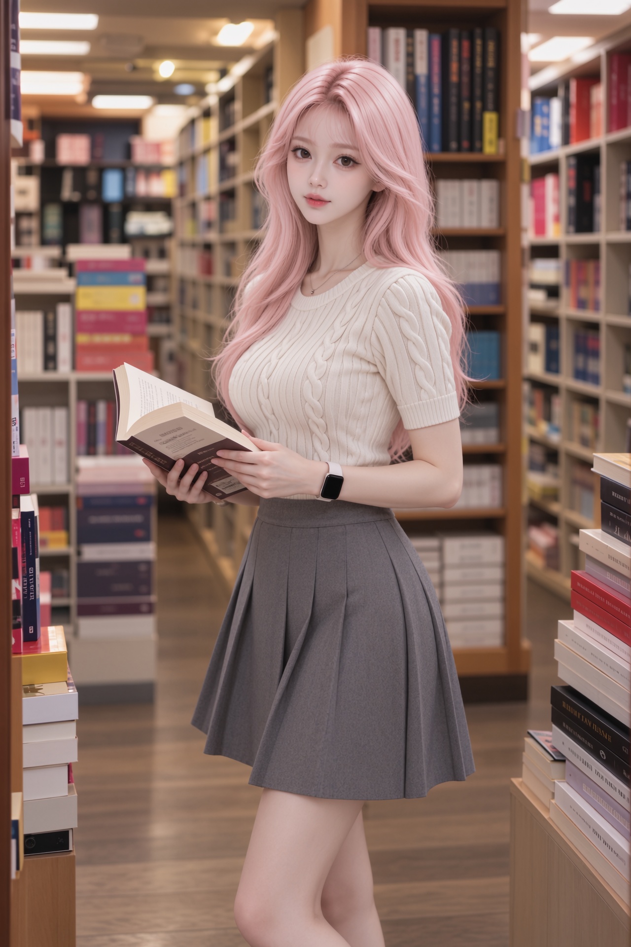 A high-angle,  medium shot captures a young pretty pink hair Ziny,  ultra-realistic full-body portrait of a beautiful youn...