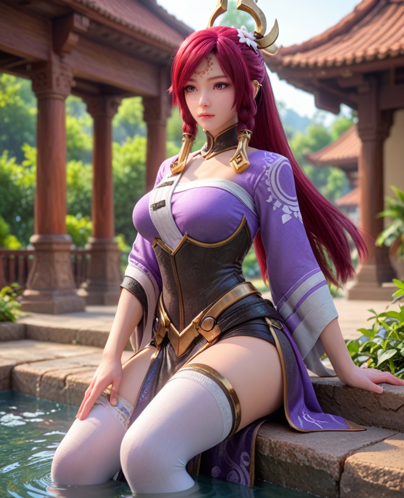 (oriental architecture, elegant decor, sophisticated style:1.1),(playing on the water slide:1.1),(large breasts:1.2),<lora:XL王者荣耀伽罗:0.8>,miss jialuo,purple right side robe layered on top of white sarashi,red hair,ponytail,twin braids,hair ornament,hair tubes,detached collar,armored dress,forehead mark,bangs,purple eyes,hair flower,white thighhighs,, score_9,score_8_up,score_7_up,score_6_up,score_5_up,score_4_up,3d rendering,tag1,tag2, Cinematic Lighting,backlighting,, zPDXL3, zPDXL2,zPDXL, zPDXLxxx, zPDXLrl,