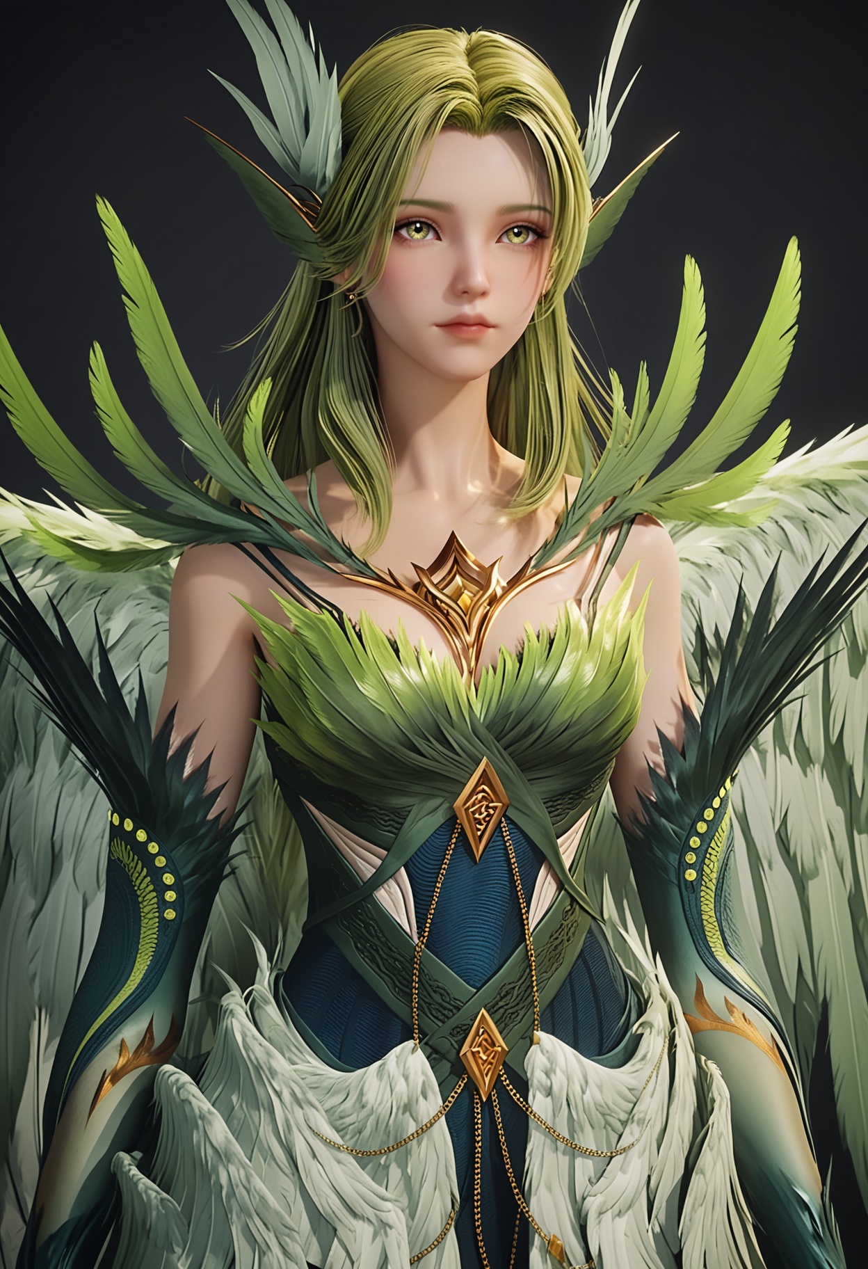 (upper_body:1.2),score_9,score_8_up,masterpiece,(best quality),intricate details,facing viewer,(looking at viewer:1.1),<lora:YQ_pony_biji_V4:0.8>,q1528437228,solo,1girl,long hair,green hair,feathers,green eyes,blonde hair,hair ornament,pointy ears,wings,gloves,dress,green wings,elbow gloves,jewelry,feathered wings,green dress,thighhighs,armor,yellow eyes,earrings,green feathers,multiple wings,BREAKscore_9,score_8_up,masterpiece,(best quality),perfect anatomy,(hourglass),perfect face,(simple background,pure black background,black background:1.1),fair_skin,shiny_skin,Ivory_skin,