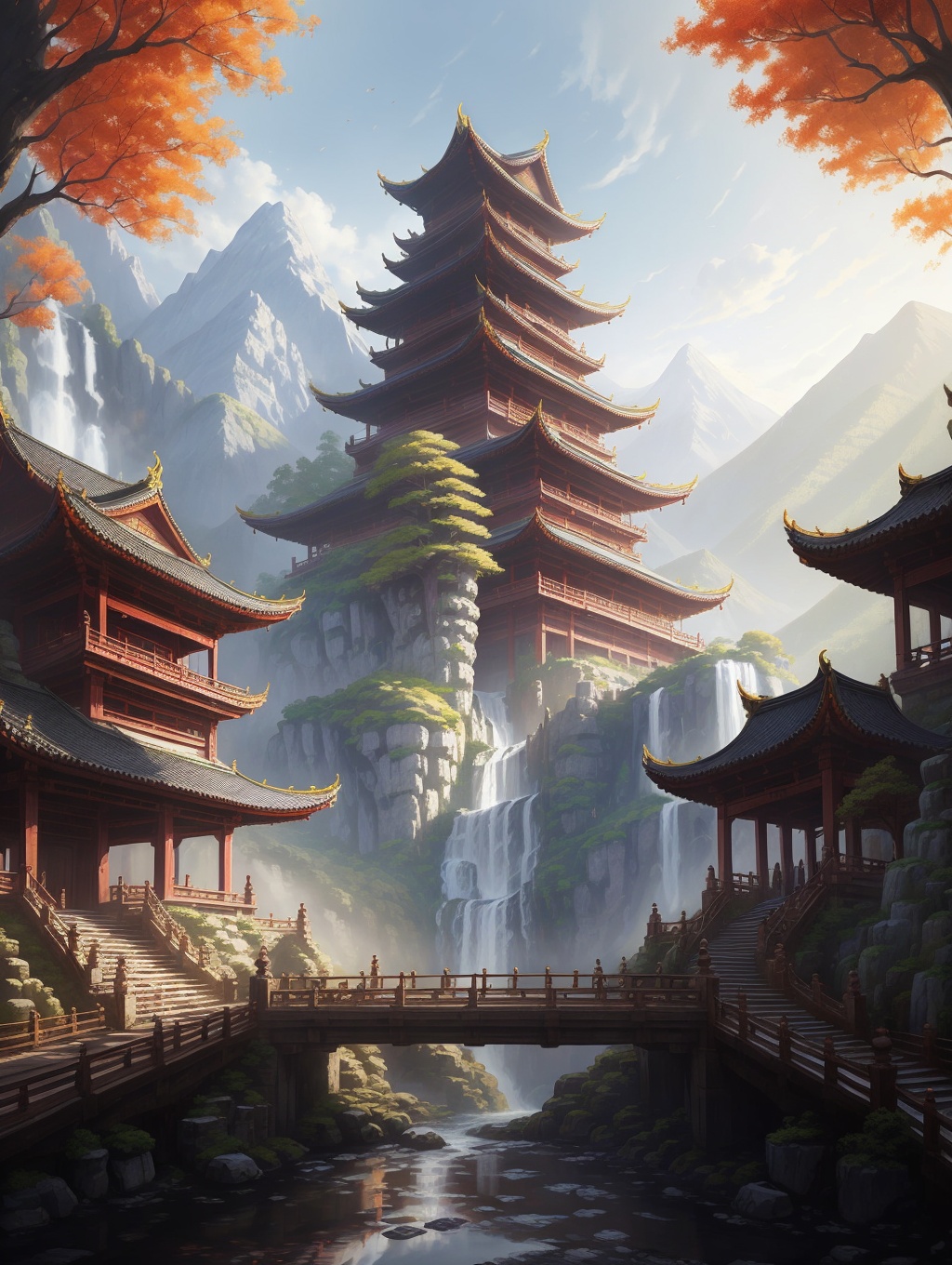 a painting of a mountain landscape with a pagoda and waterfall in the background,with a waterfall in the foreground, ZGGJZ