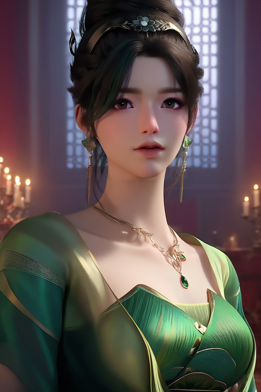 (looking at viewer:1.1),<lora:XL16神国之上唐雨:0.95>,miss tangyu,green corset dress,sheer overdress,brown eyes,black hair,green streaked hair,hair updo,necklace,bracelet,jewelry,(large breasts:1.2),, score_9,score_8_up,score_7_up,score_6_up,score_5_up,score_4_up,3d rendering,tag1,tag2, Cinematic Lighting,backlighting,