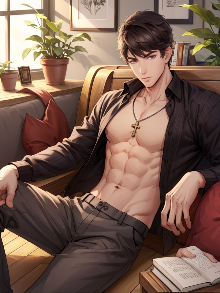 Victor,<lora:Victor:1>,, masterpiece,best quality, 1boy,male focus,brown pants,abs,jewelry,pants,solo,looking at viewer,necklace,wooden floor,sitting,key,indoors,ball,plant,long sleeves,navel,book,pillow,pectorals,open clothes,