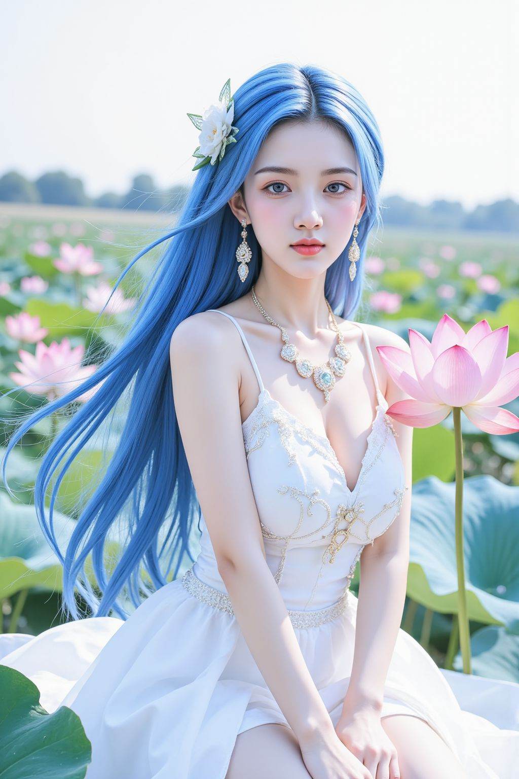 1girl, jewelry, lotus, solo, flower, long hair, hair ornament, dress, full body, earrings, blue hair