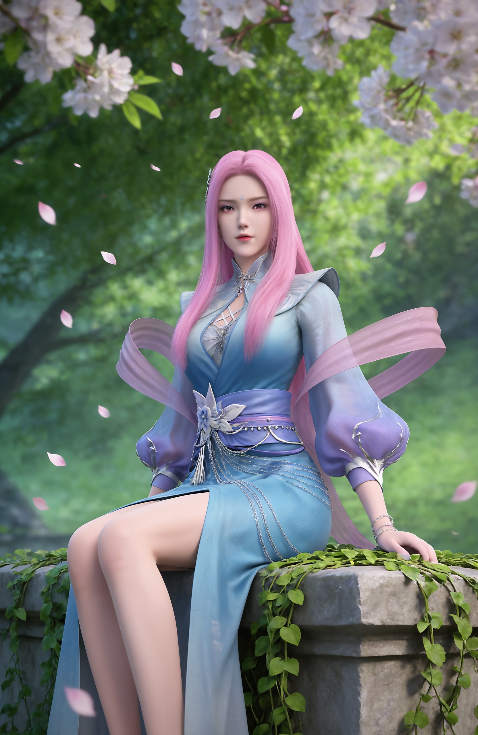masterpiece,best quality,amazing quality,very aesthetic,high resolution,ultra-detailed,absurdres,scenery,photorealistic,looking at viewer,moody lighting,realistic,photorealistic details,<lora:妖神记-玄月Pony:0.8> 1girl, long hair, pink hair, jewelry, blue dress, sash, long sleeves, bracelet, pink eyes, chinese clothes, bare legs,falling petals,plant,cherry blossoms,stairs,branch,sitting,green background,blurry,