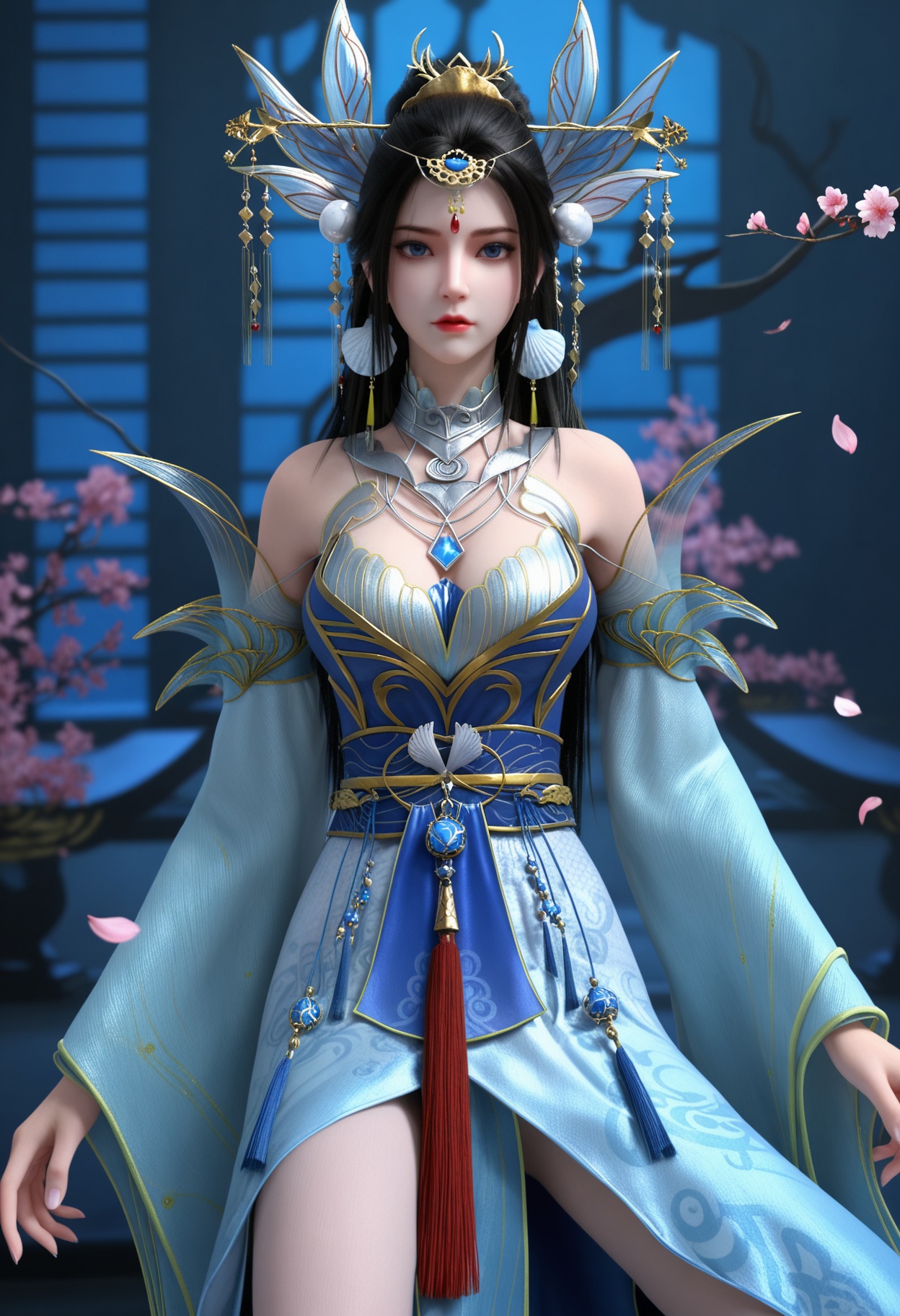 (upper_body:1.2),(looking at viewer:1.1),masterpiece,(best quality),smog,Dark room,dim lighting,peach blossom,falling petals,<lora:YQ_Illustrious光辉v5_楚宣_V1:0.8>,q1528437228,1girl,solo,hair ornament,black hair,long hair,jewelry,dress,earrings,blue dress,chinese clothes,detached sleeves,blue eyes,sash,necklace,high heels,hair bun,tiara,blue footwear,brown hair,forehead mark,wide sleeves,long sleeves,pantyhose,ponytail,detached collar,collar,thighs,gold footwear,