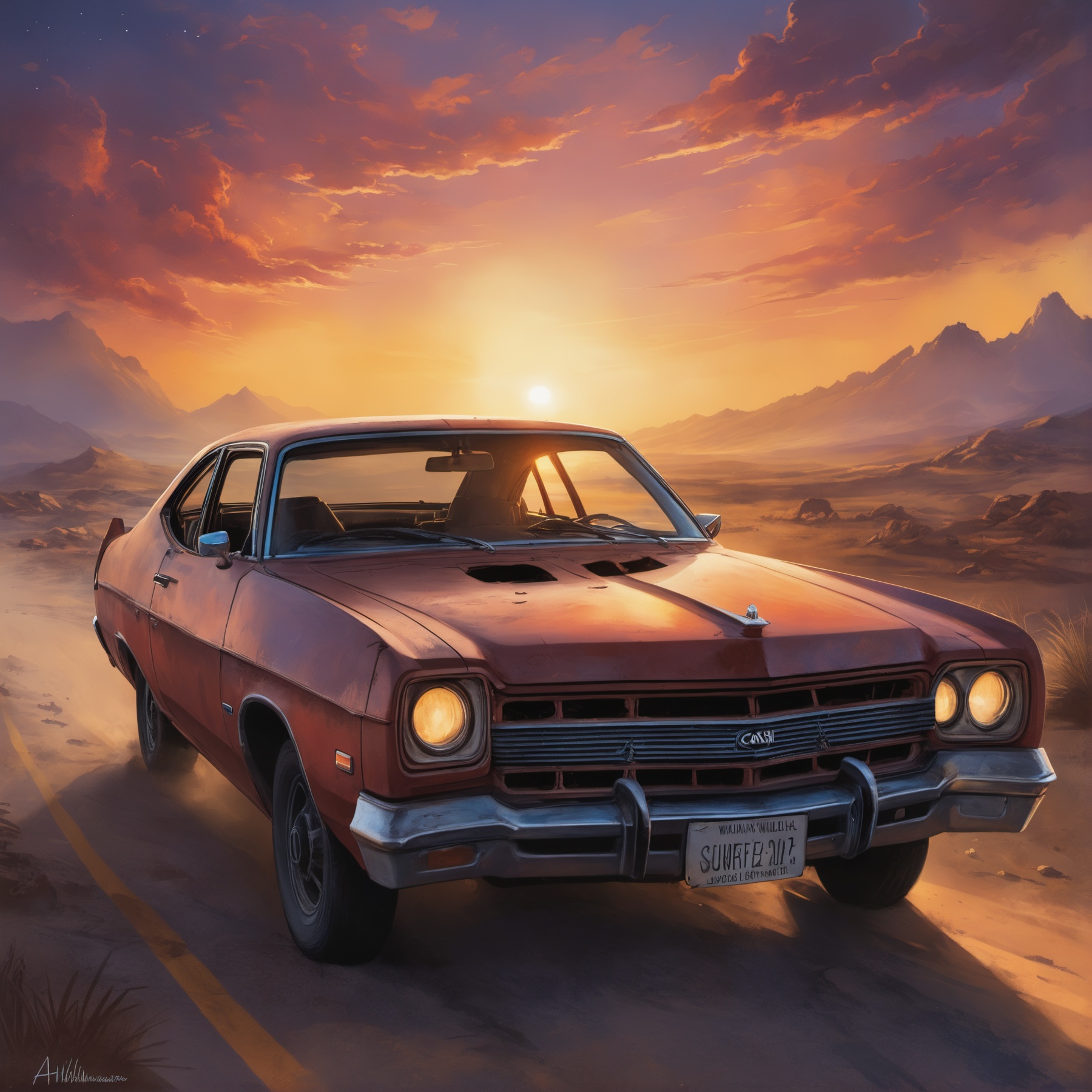 ethereal fantasy concept art of comic post-apocalyptic sunset at the end of the world of the new dawn,  burned out car (,...