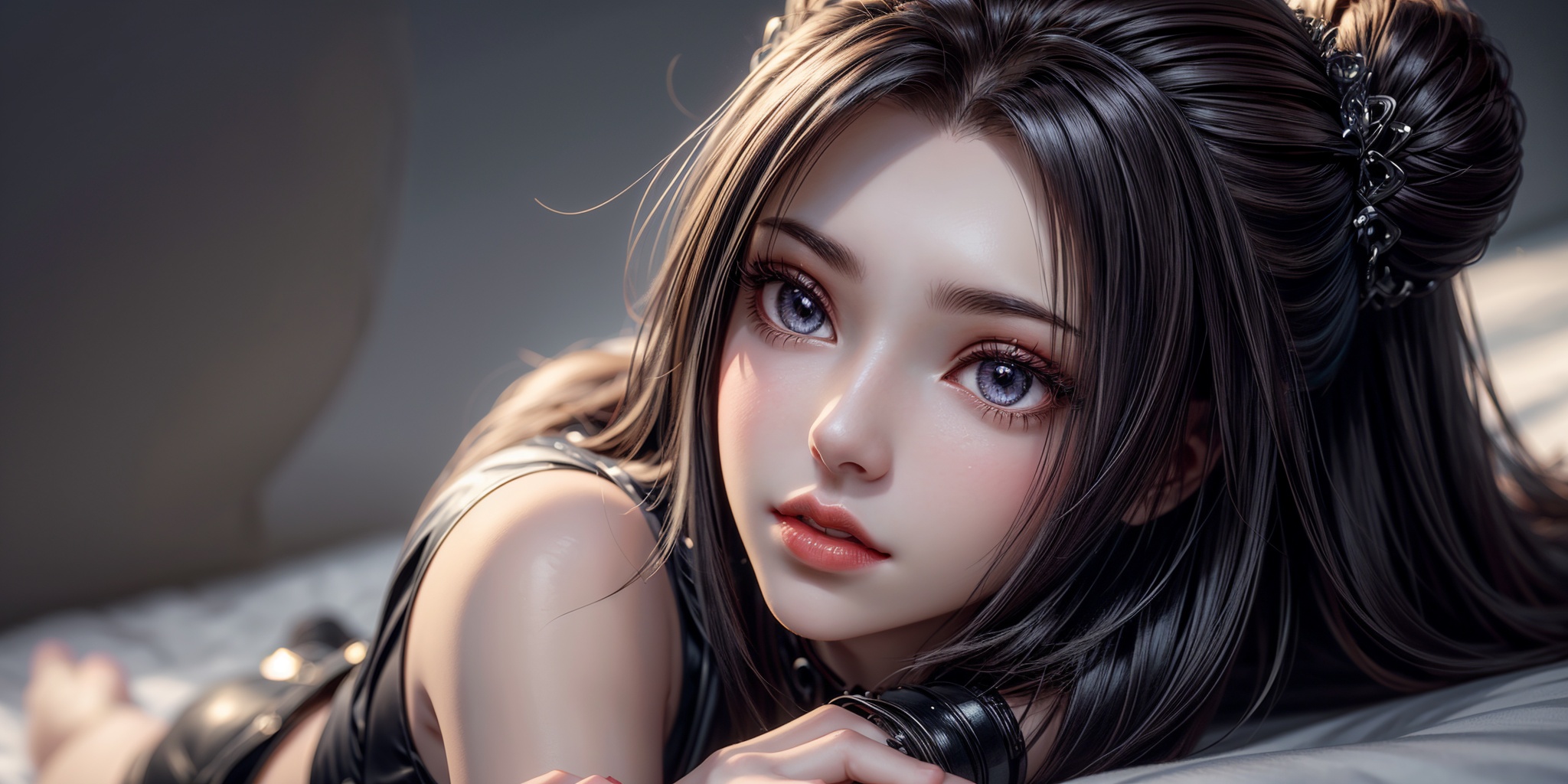 masterpiece,best quality,illustration,anime,looking at viewer,simple gray background,upper body,1girl,solo,(mature_female:1.8),long hair,black hair,breasts,lips,double_bun,medium breasts,closed mouth,hair ornament,clothing cutout,brown hair,cleavage,<lora:add_detail:1>,<lora:yueguan_20240305182317:0.7>,crawling,