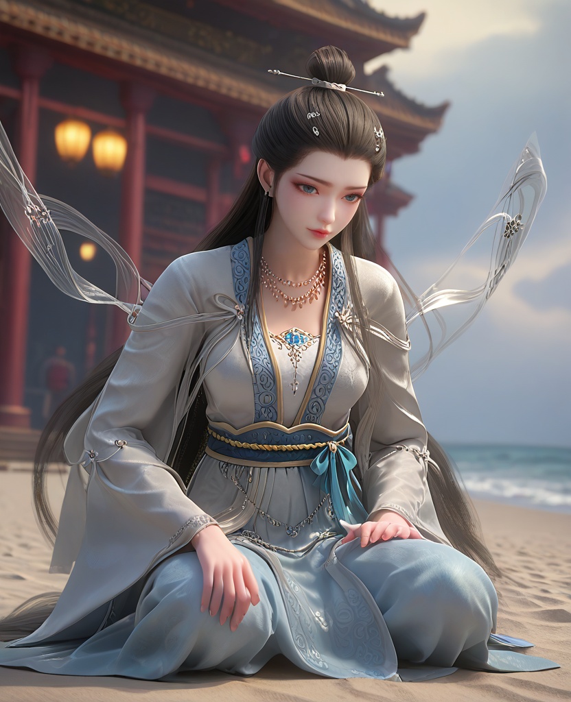 (oriental architecture, elegant decor, sophisticated style:1.1),(Crouching on the beach, drawing patterns in the sand, lost in creativity,:1.1),(breasts:1.2),<lora:XL16长生界九州神女兰若:0.95>,miss lanruo,white dress,blue eyes,black hair,very long hair,hair bun,necklace,hanging hair,hair ornament,silk shawl,white bra,sash,blue dress hem,, score_9,score_8_up,score_7_up,score_6_up,score_5_up,score_4_up,3d rendering,tag1,tag2, Cinematic Lighting,backlighting,