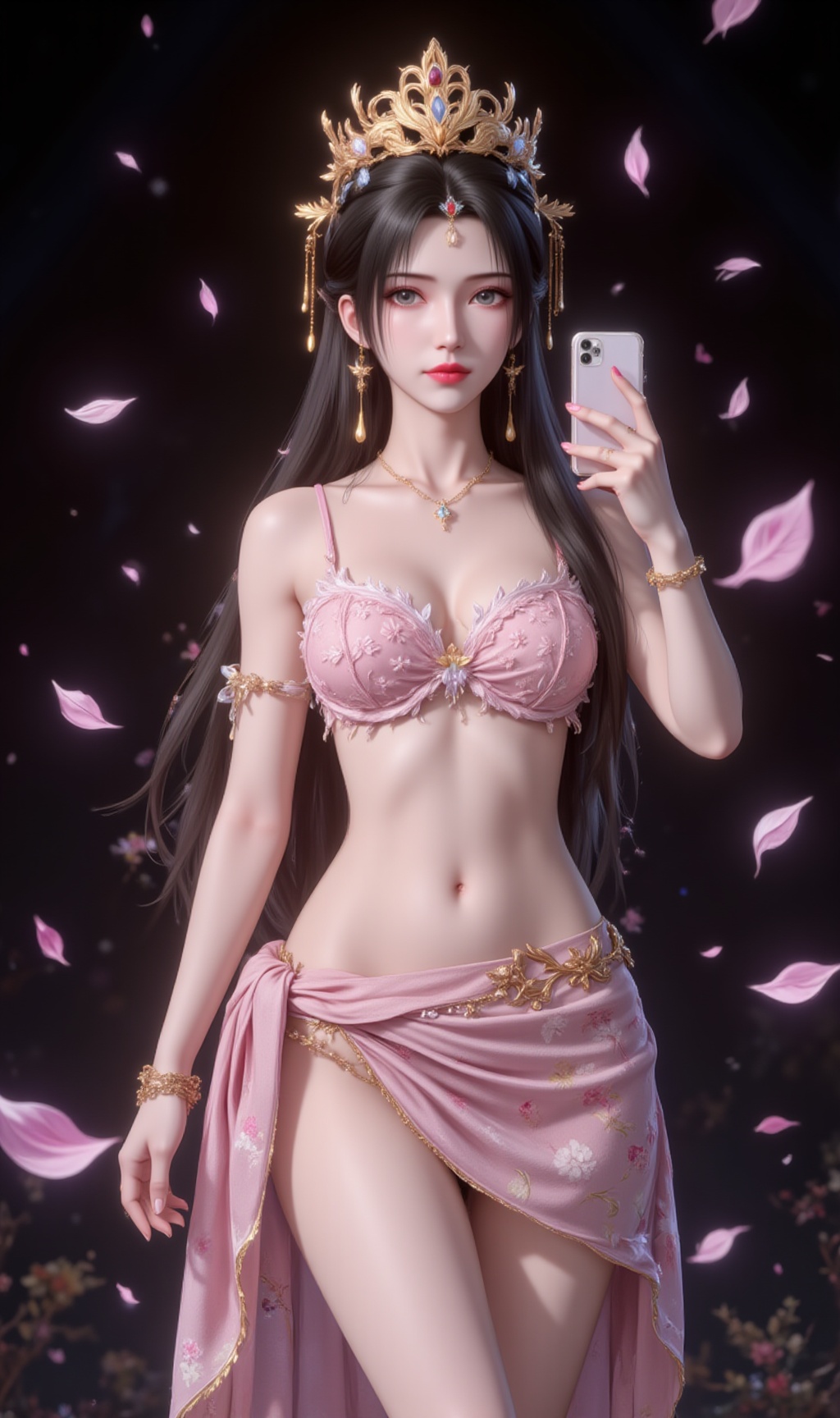 <lora:比基尼2·人物百搭款6:1.1>,bijini,1girl,solo,jewelry,long hair,swimsuit,sarong,breasts,bikini,bracelet,selfie,navel,phone,collarbone,flower,black hair,floral print,brown hair,cellphone,cleavage,skirt,cowboy shot,earrings,holding,black_background,simple background,<lora:李慕婉·衣服百搭款6:1.1>,limuwan,black hair,long hair,grey eyes,jewelry,earrings,crown,phoenix_crown,(large breasts:1.2),cover,gradient background,close-up details,outstanding style,adding a touch of dimension to your images without compromising details,close-up,<lora:DJ滤镜_2.5D版:0.3>,lvjing,<lora:油画唯美滤镜15:0.2>,baoshi,
