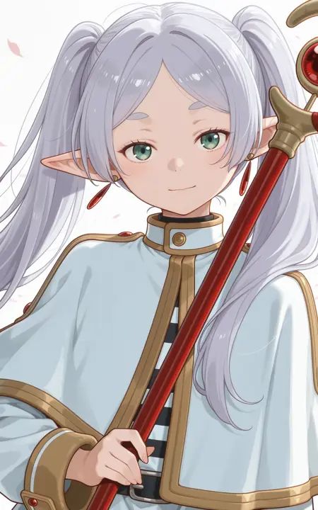masterpiece,best quality,1girl,solo,absurdres,frieren,sousou no frieren,1girl,capelet,closed mouth,earrings,elf,falling petals,floating earring,gold trim,green eyes,grey hair,holding,holding staff,jacket,jewelry,light blush,light smile,long hair,long sleeves,looking at viewer,mage staff,parted bangs,petals,pointy ears,shirt,solo,staff,striped clothes,striped shirt,thick eyebrows,twintails,white background,white capelet,white hair,white jacket,upper body,<lora:dmd2 4 steps color fix:1>,