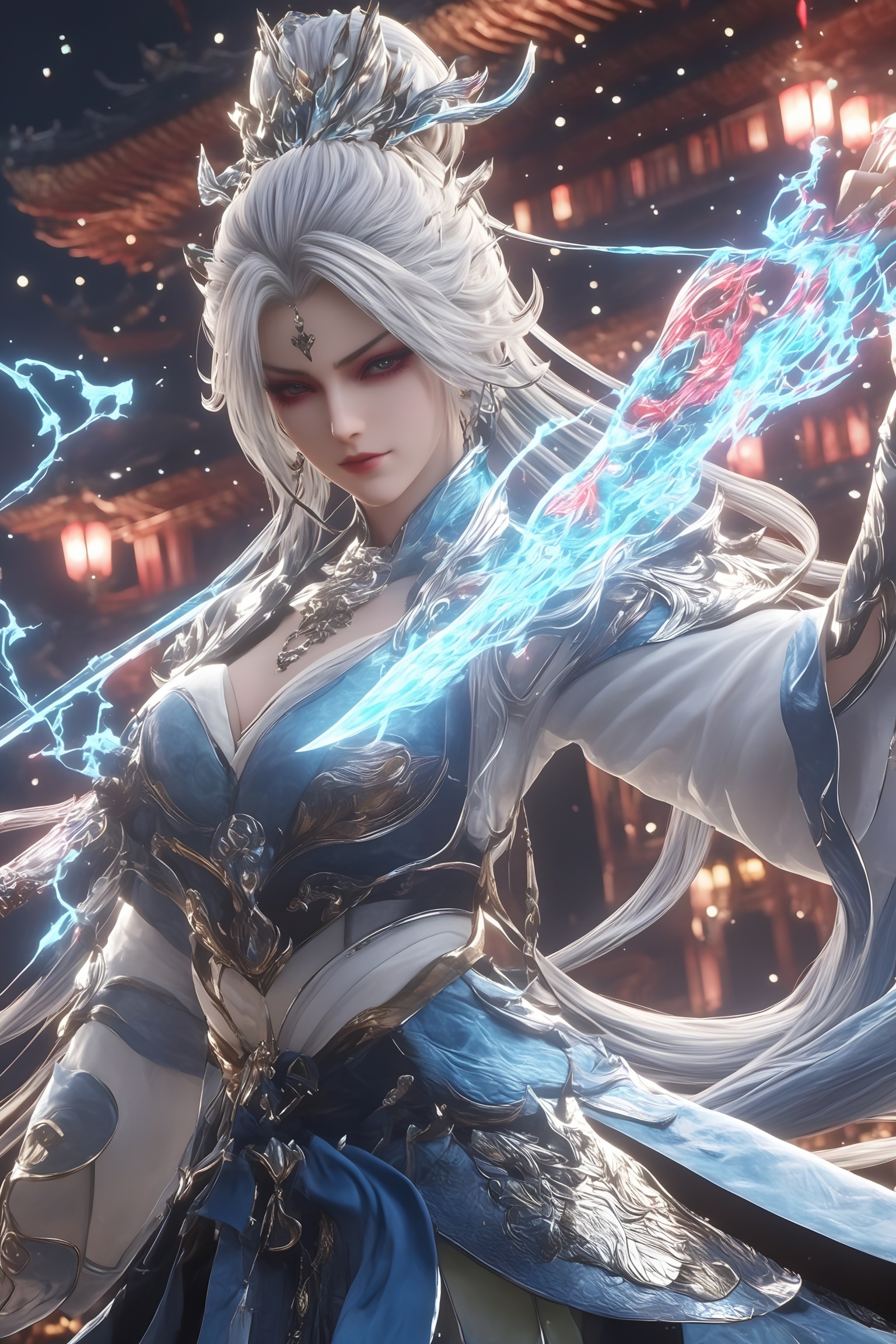 yaozu,The image depicts a character with long white hair adorned with intricate silver ornaments,standing in a dynamic pose. The character is dressed in a flowing,elegant outfit with a combination of white and blue hues,featuring detailed patterns and a belt. The character is holding a glowing,electric-blue sword,which emits vibrant energy,suggesting a powerful and magical ability. The background showcases a traditional,ornate structure with red lanterns,adding to the mystical atmosphere. Snowflakes are visible in the air,enhancing the overall sense of magic and wonder.,
