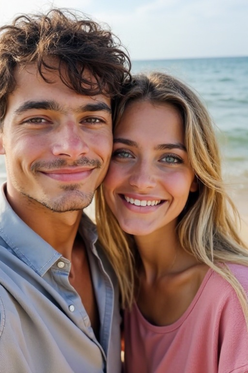 <lora:20250521_AgainMouthSizeF1Lora:1>,This is a photograph of a young couple posing for a selfie outdoors. The woman with long blonde hair, wears a pink top. The man with short dark hair, is in a shirt.
